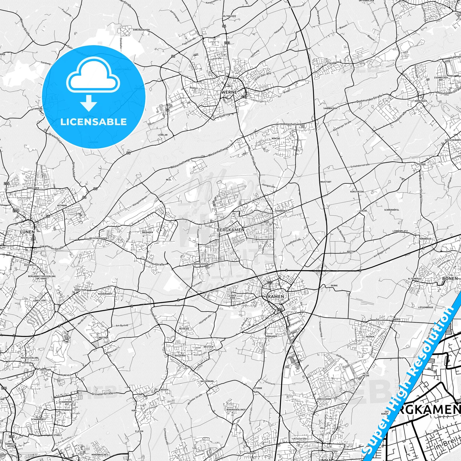 Bergkamen, Germany light map with streetnames, citynames and districts