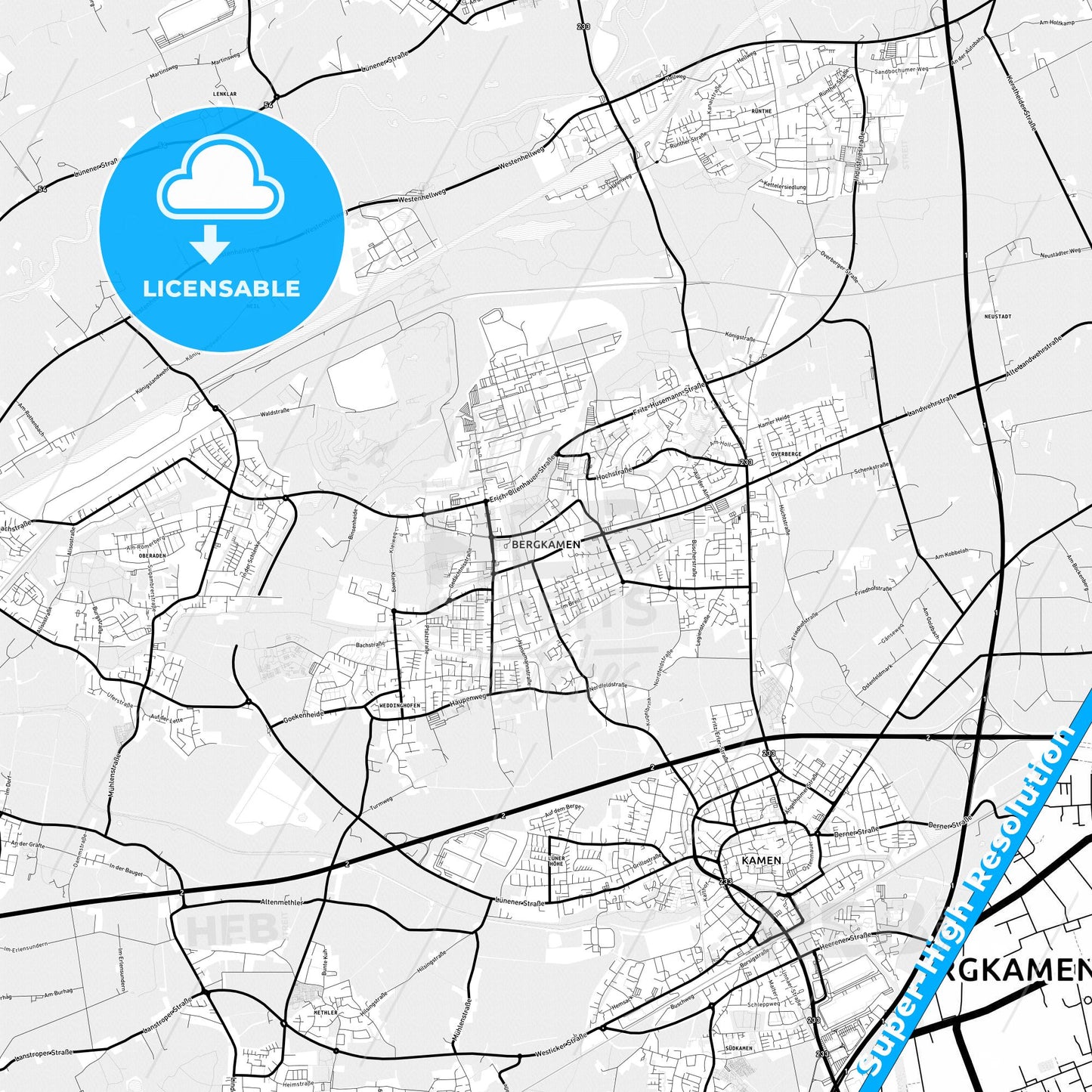 Bergkamen, Germany Light Map with Street Names, City Names, and Districts