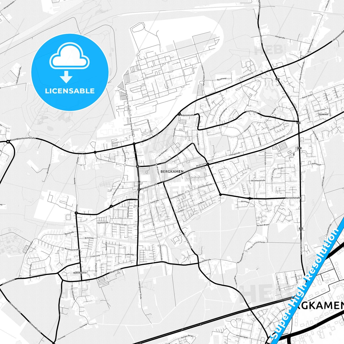 Bergkamen, Germany Light Map with Street Names, City Names, and Districts