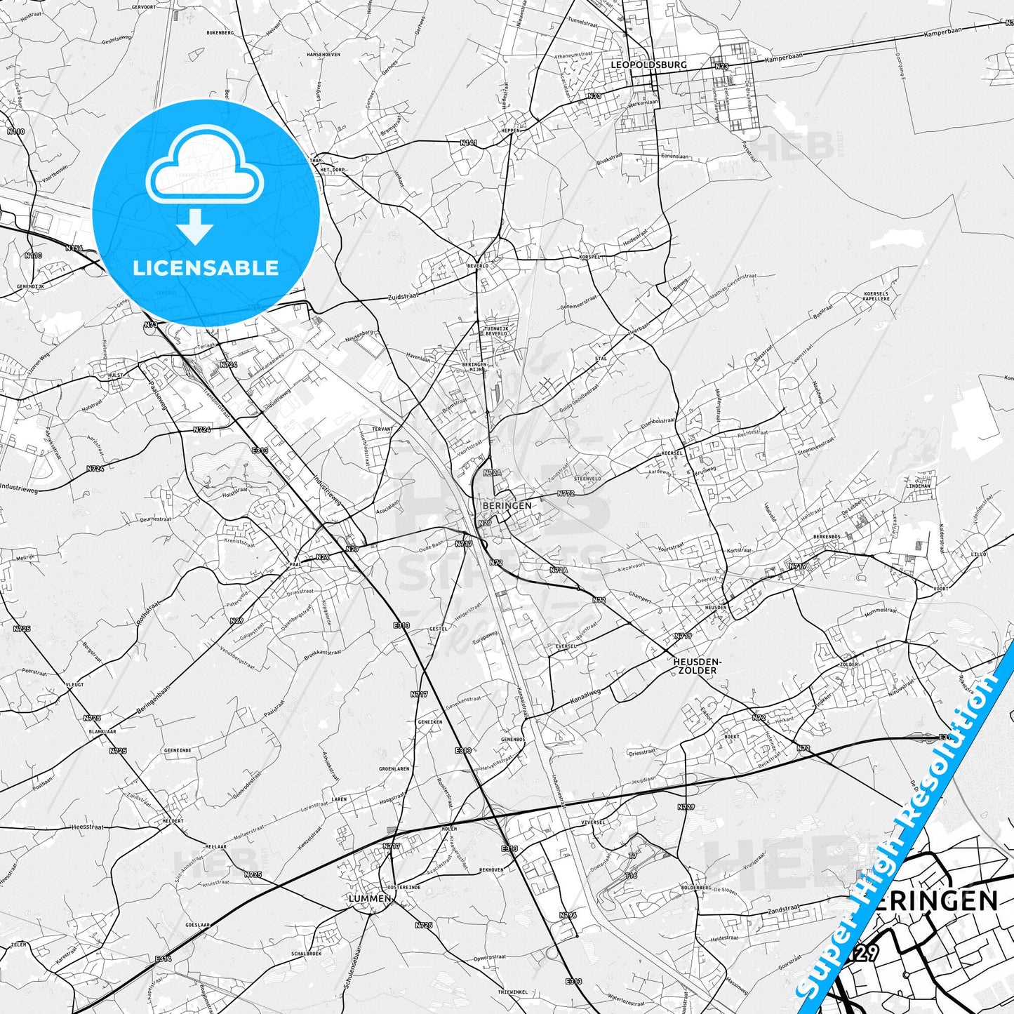 Beringen, Belgium light map with streetnames, citynames and districts