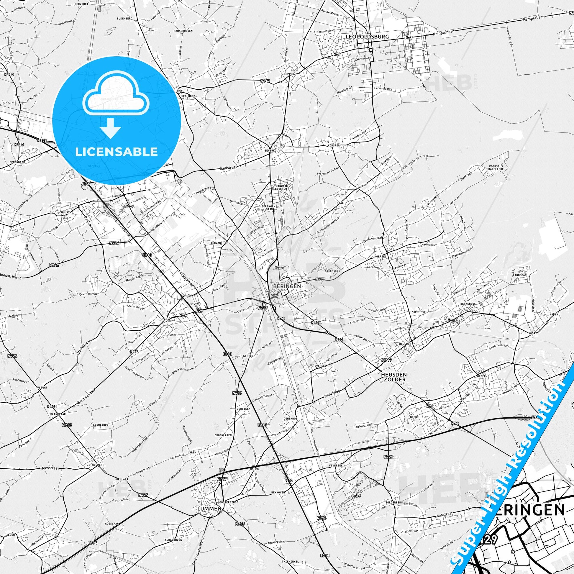 Beringen, Belgium light map with streetnames, citynames and districts