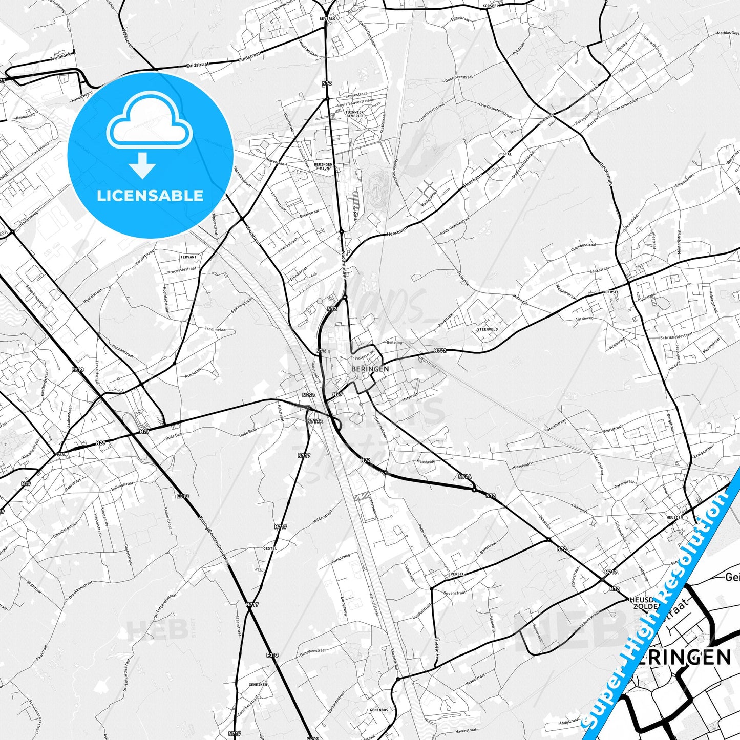 Beringen, Belgium Light Map with Street Names, City Names, and Districts