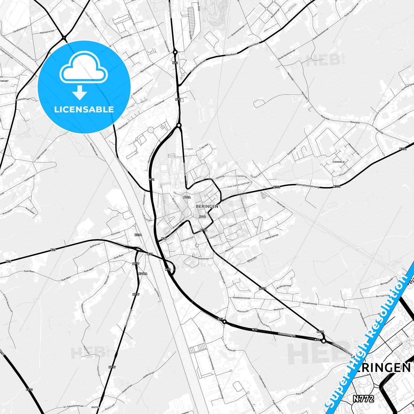 Beringen, Belgium Light Map with Street Names, City Names, and Districts