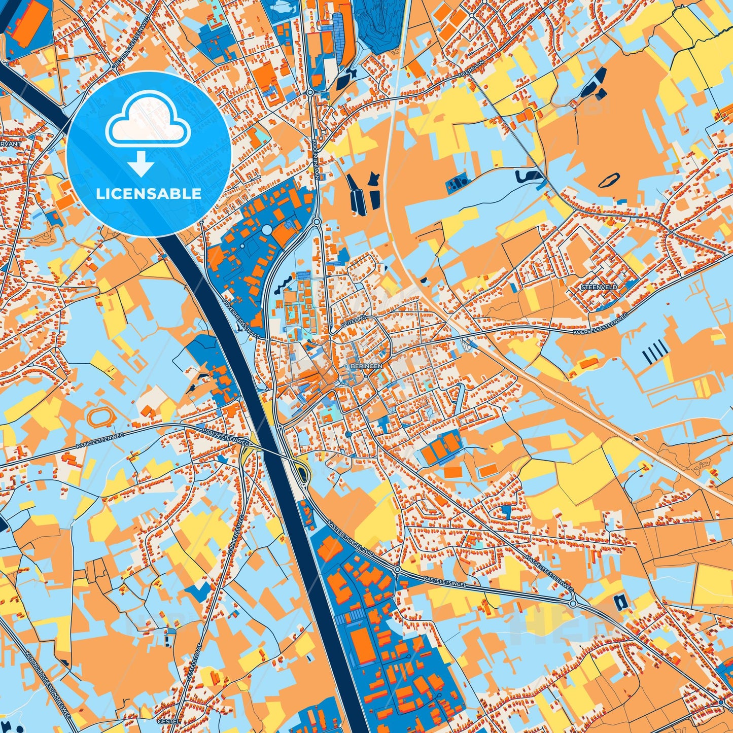 Colorful Beringen Street Map with Labels and Buildings