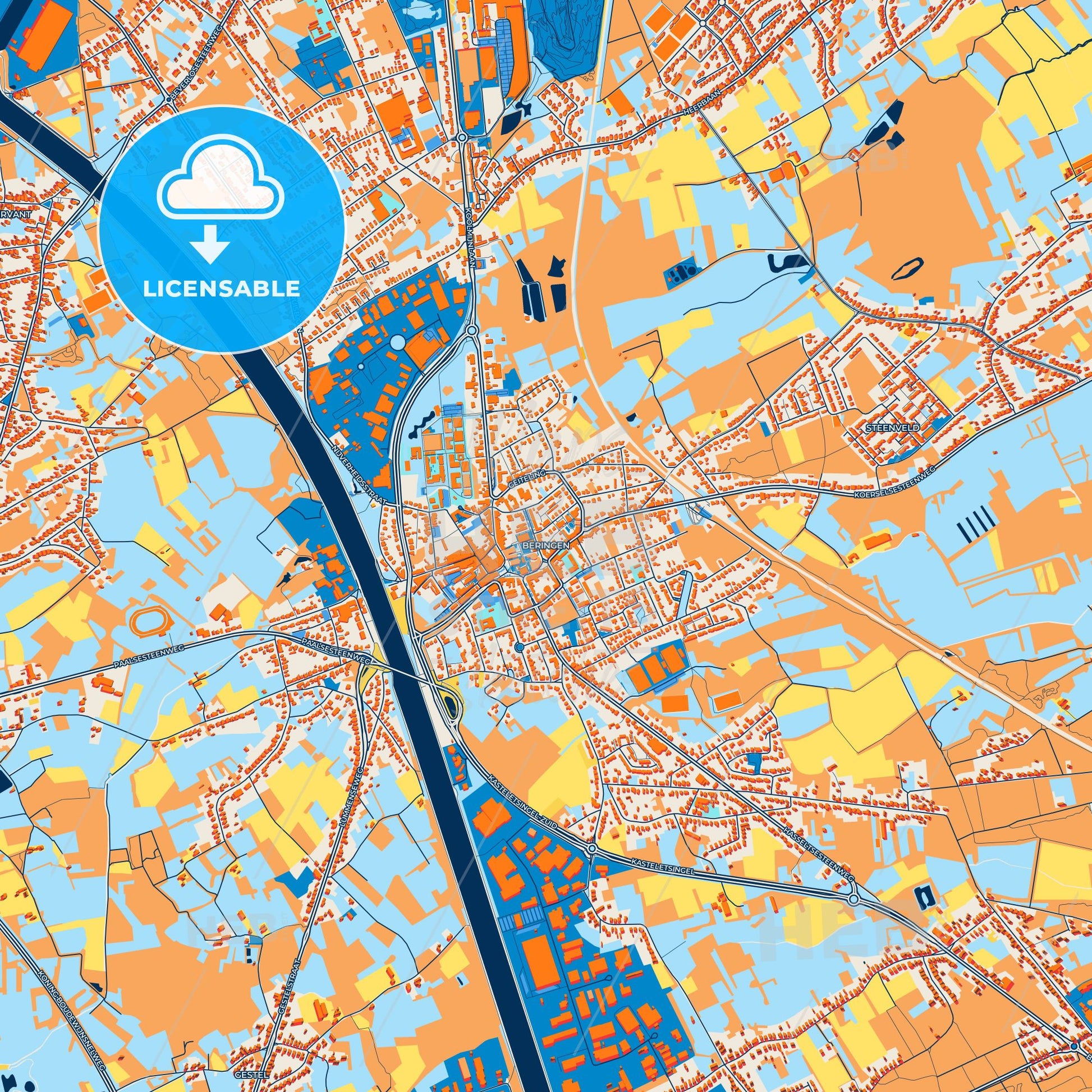 Colorful Beringen Street Map with Labels and Buildings