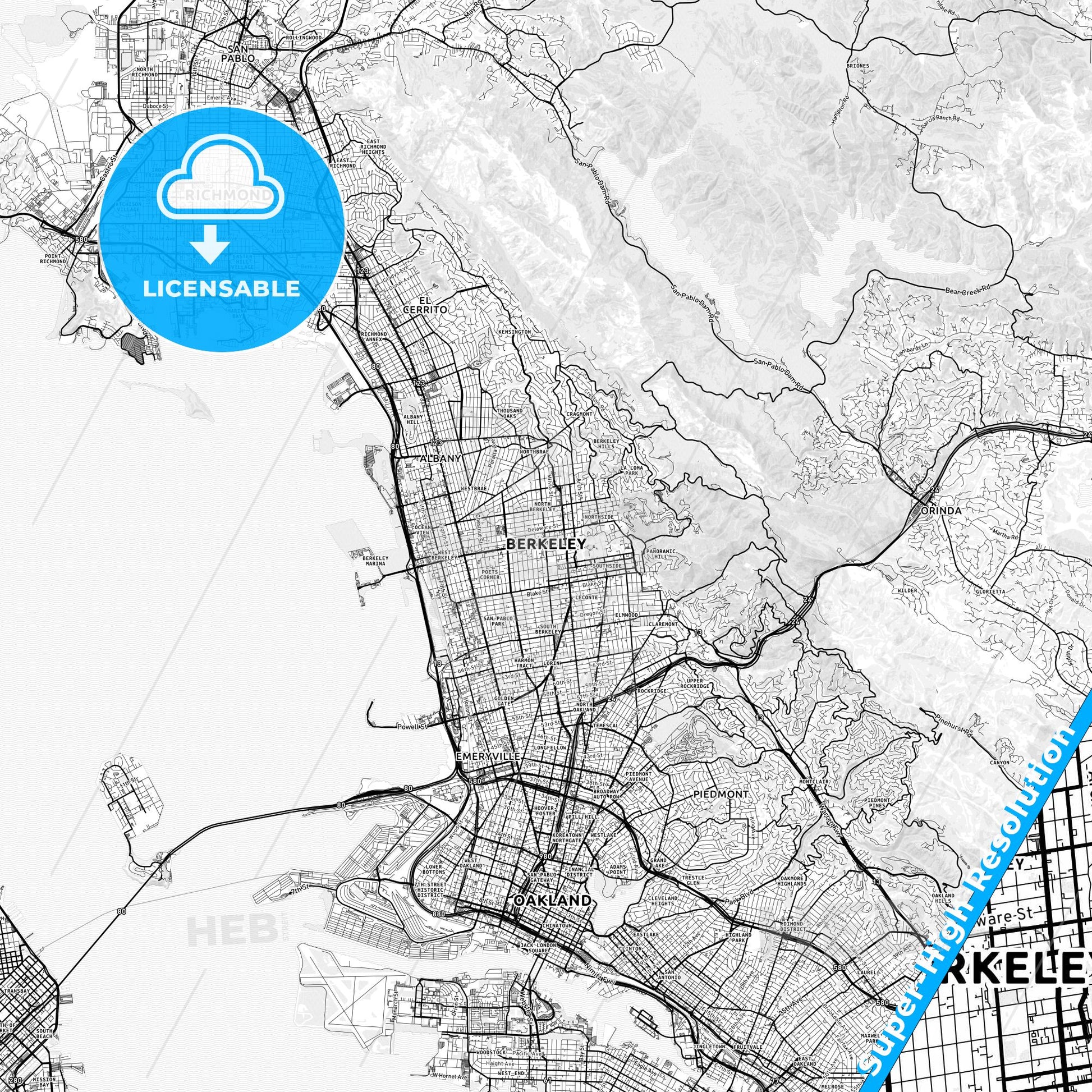 Berkeley, California light map with streetnames, citynames and districts