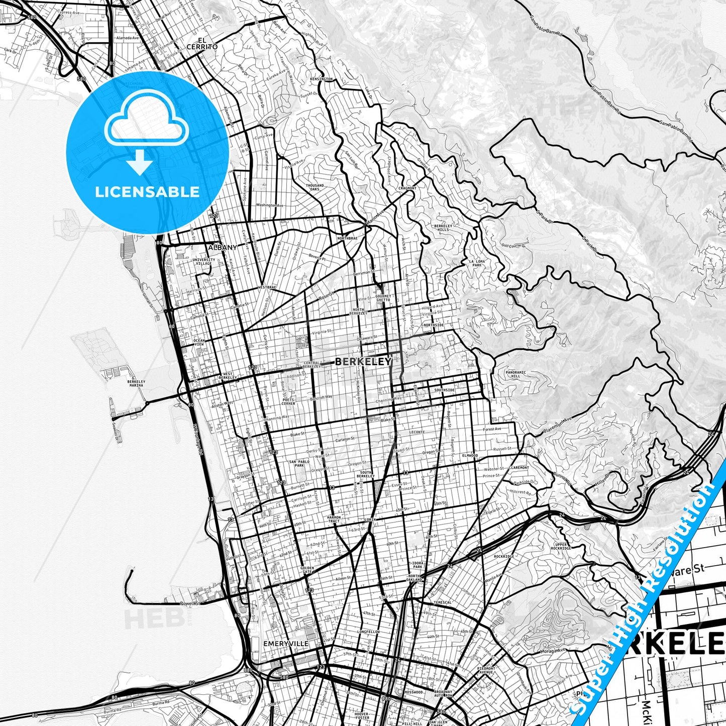 Berkeley, California Light Map with Street Names, City Names, and Districts