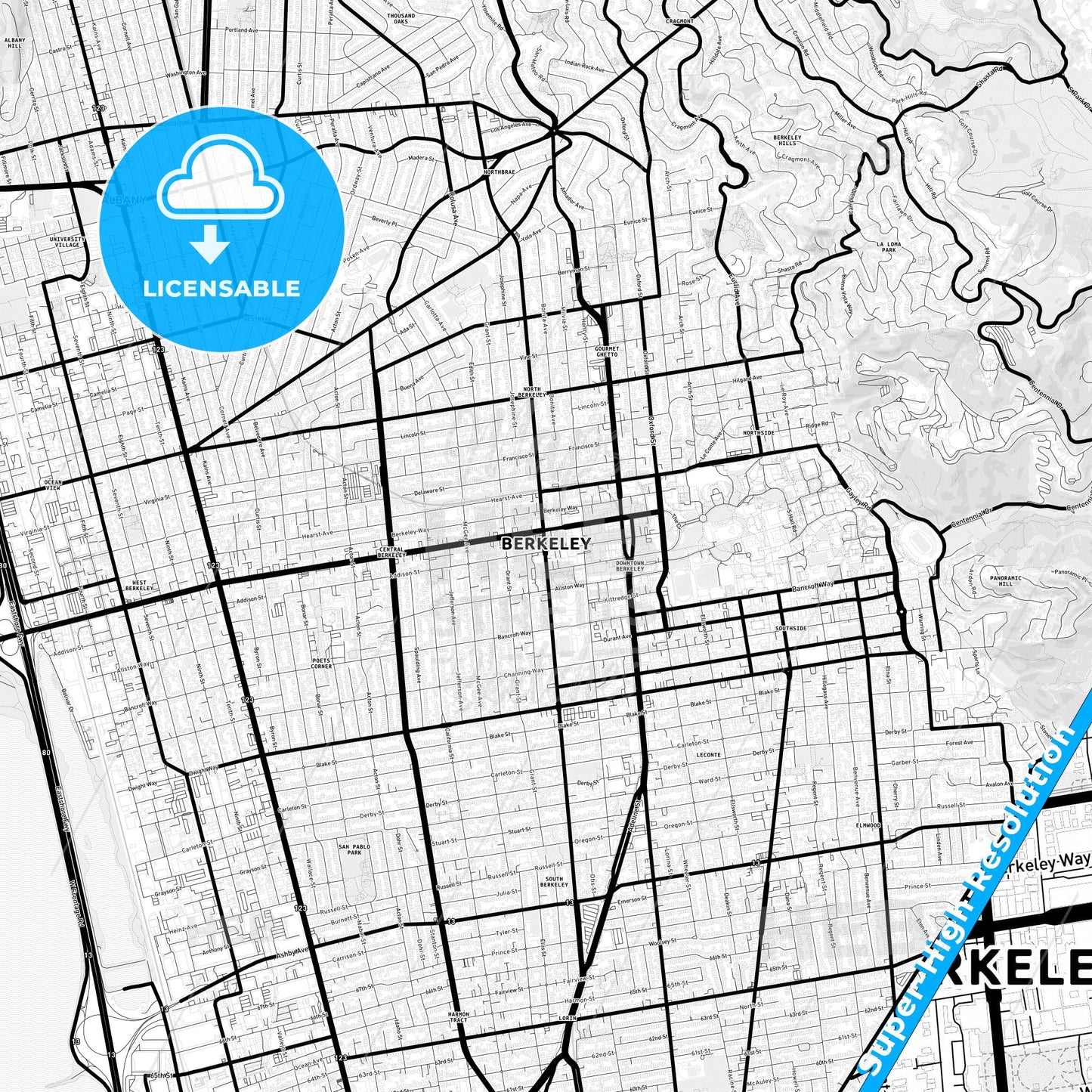 Berkeley, California Light Map with Street Names, City Names, and Districts