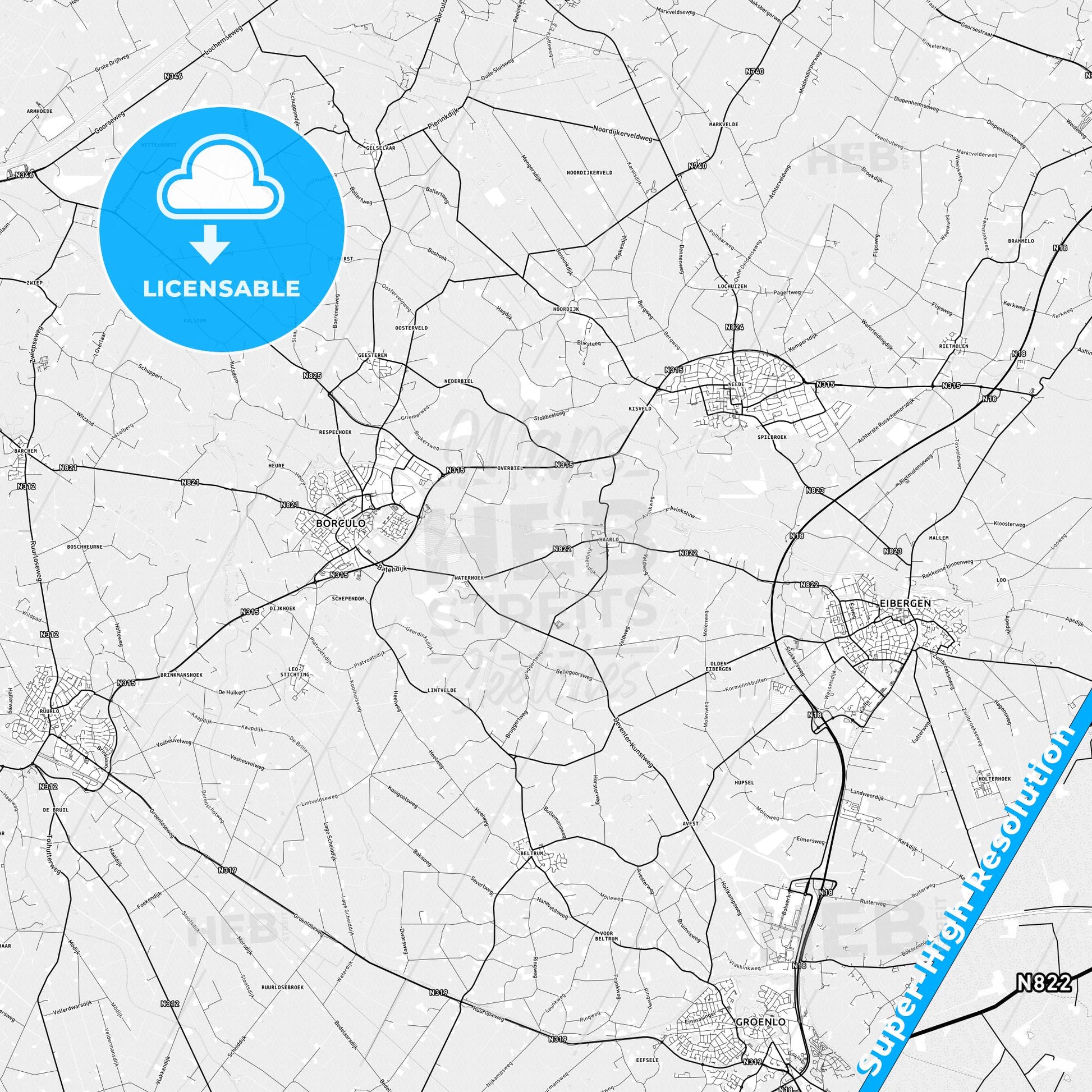 Berkelland, Netherlands light map with streetnames, citynames and districts