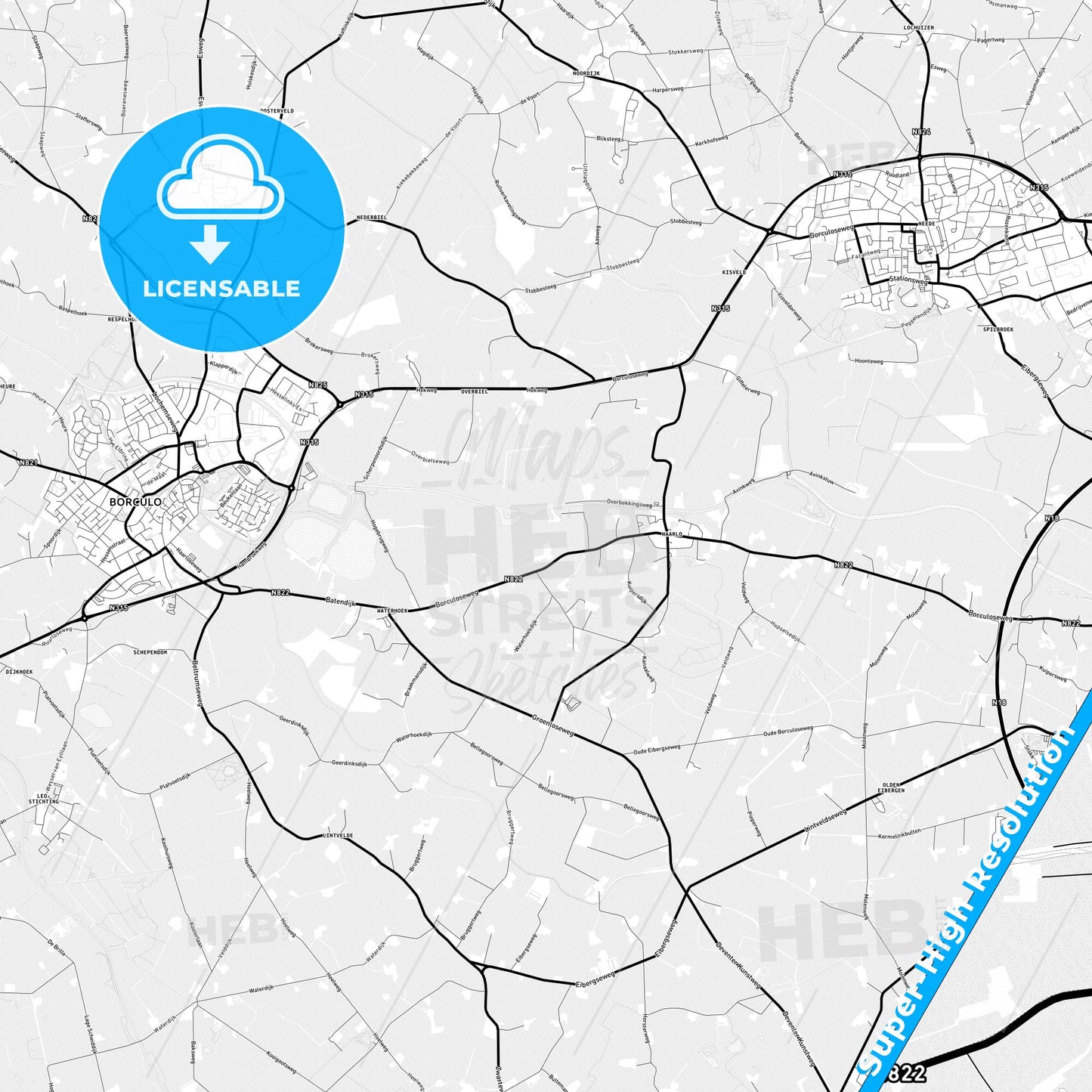 Berkelland, Netherlands Light Map with Street Names, City Names, and Districts