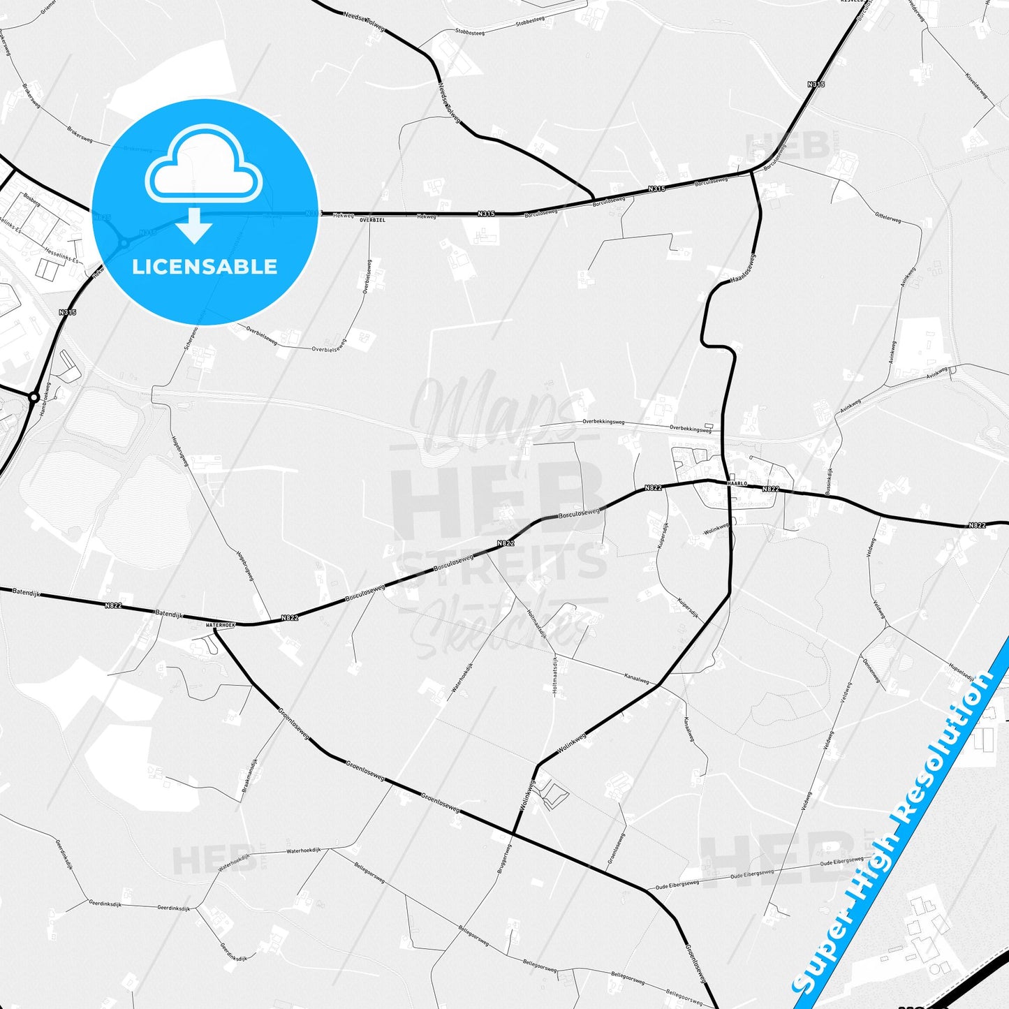 Berkelland, Netherlands Light Map with Street Names, City Names, and Districts