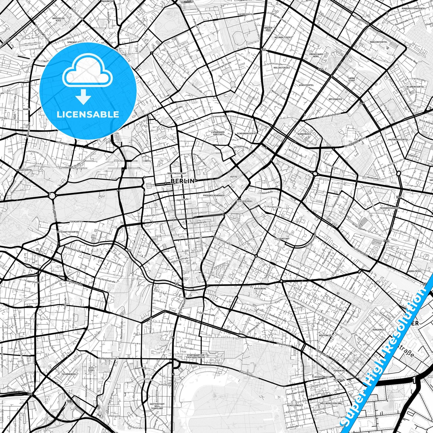 Berlin, Germany Light Map with Street Names, City Names, and Districts