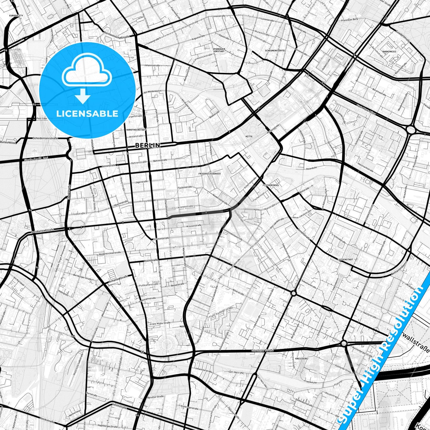 Berlin, Germany Light Map with Street Names, City Names, and Districts