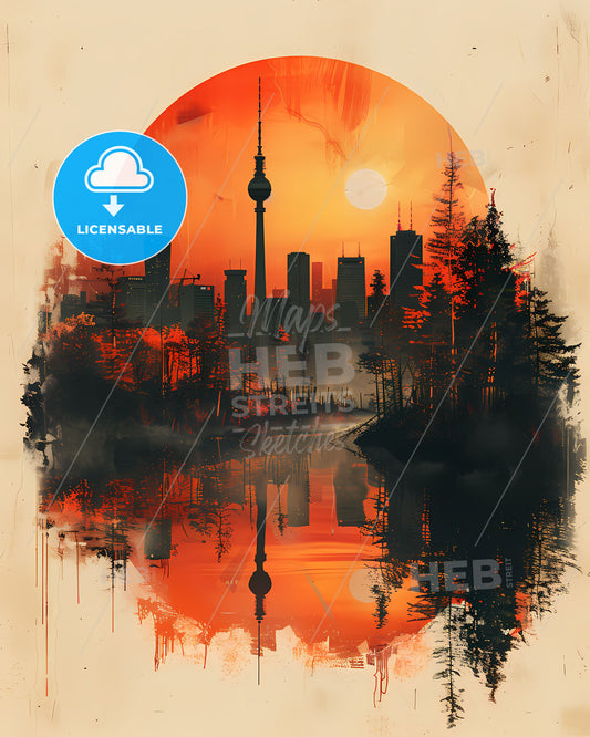 Minimalist Skyline Digital Collage: Vibrant Cityscape with Red Circle and Trees, Low-Angle, Horizon View, Artistic Painting, Contemporary Album Artwork