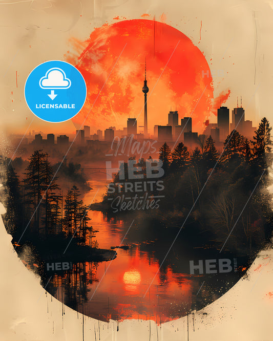 Minimalist abstract digital painting of a city skyline with a red moon, featuring geometric lines and a wide view of the horizon, perfect for album artwork or wall decor