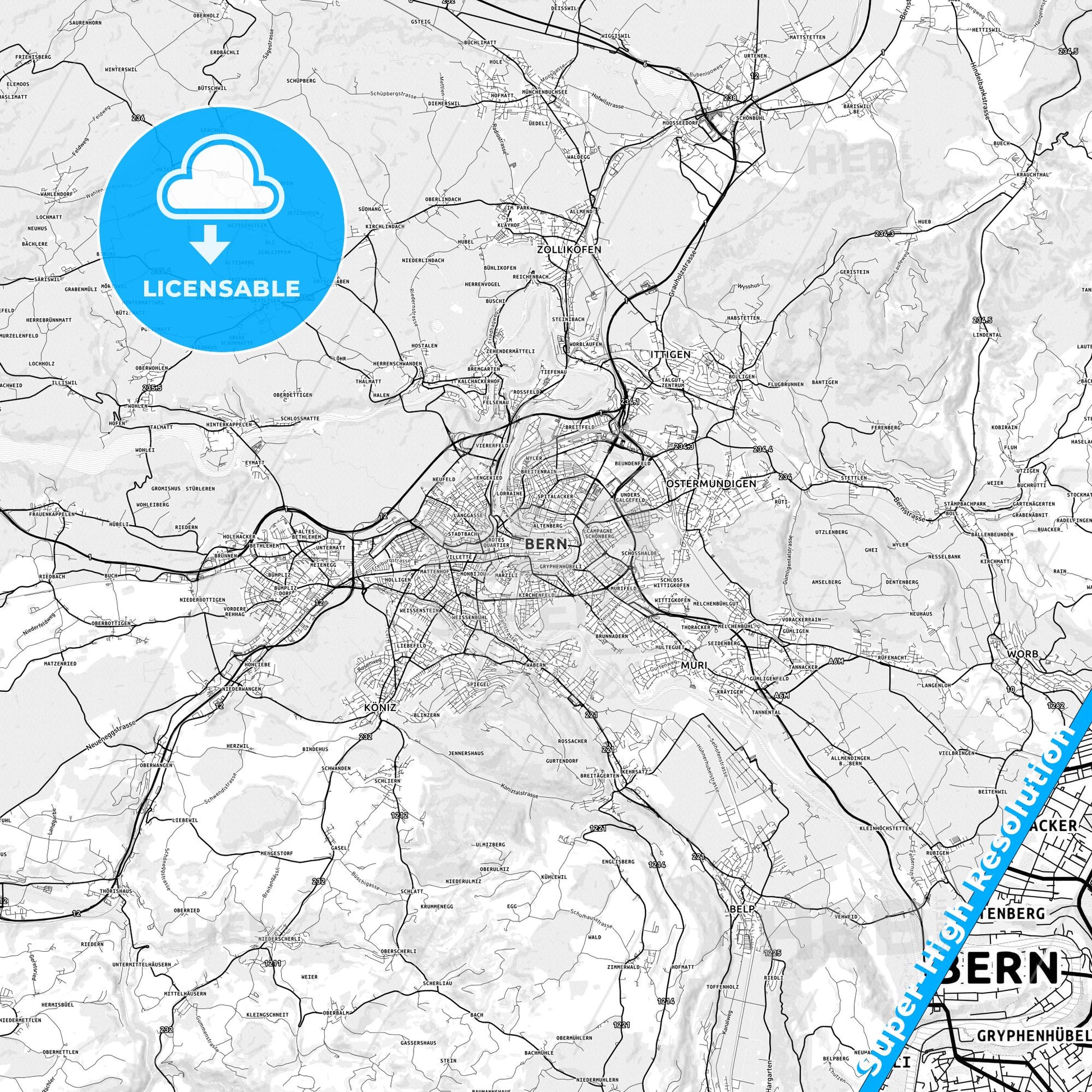 Bern, Switzerland light map with streetnames, citynames and districts