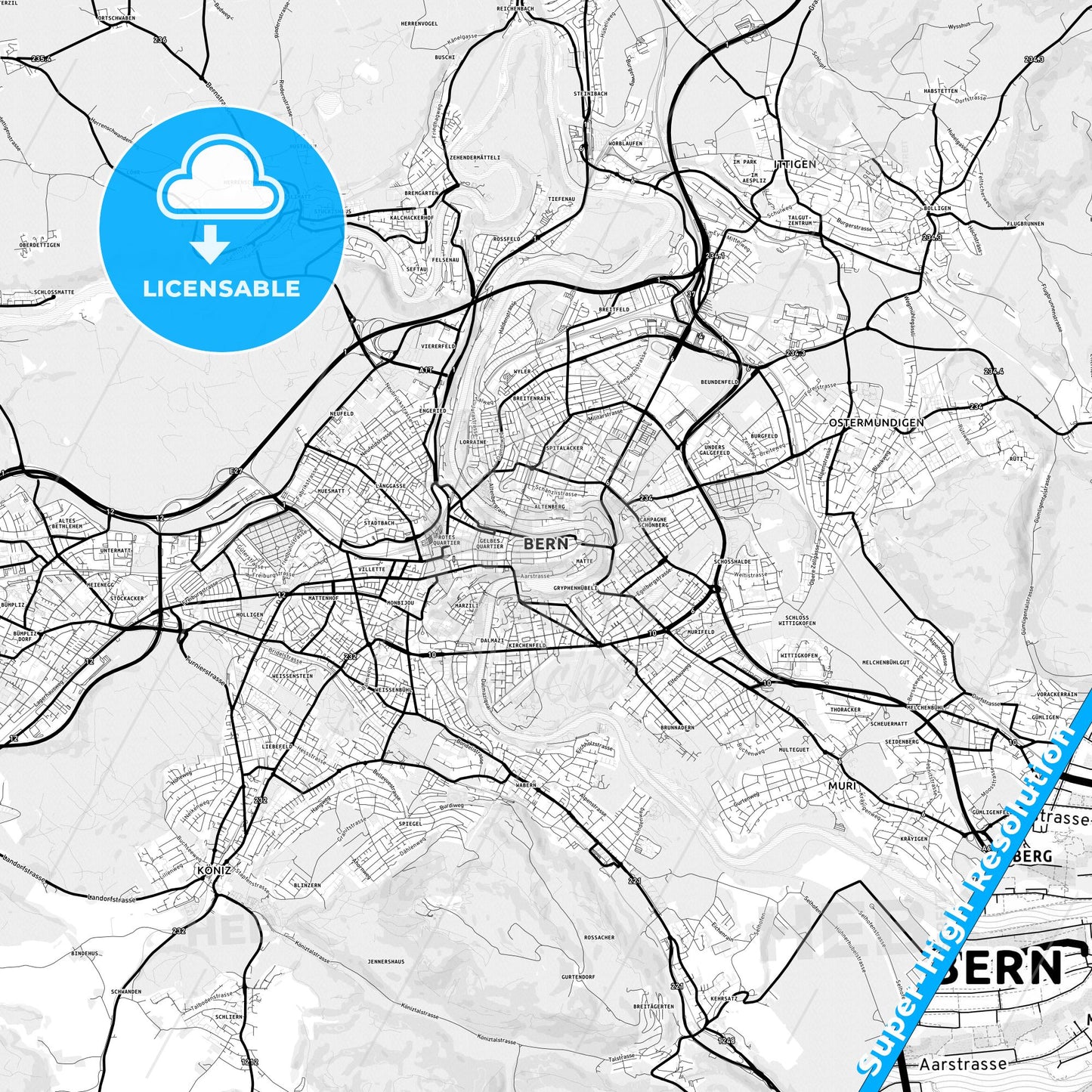 Bern, Switzerland Light Map with Street Names, City Names, and Districts