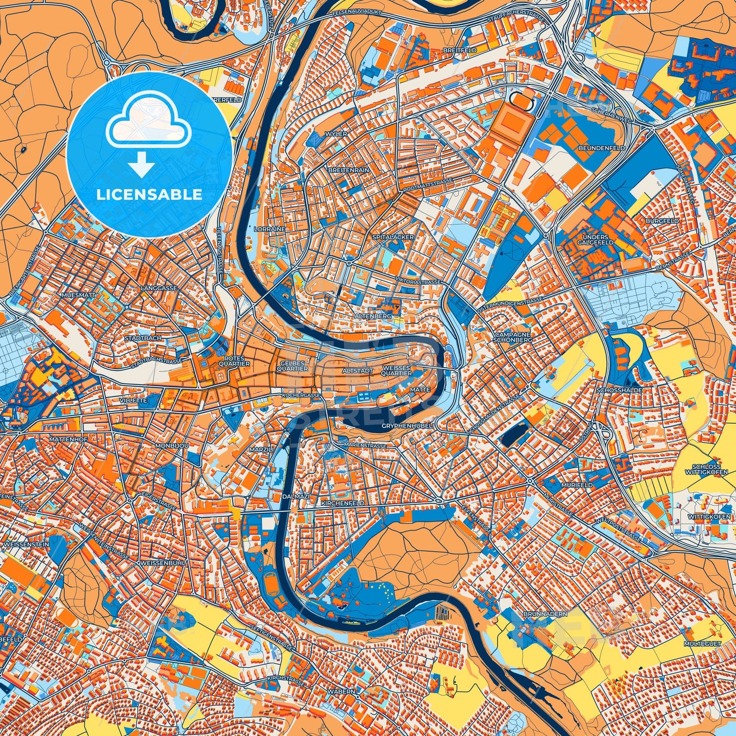 Colorful Bern Street Map with Labels and Buildings