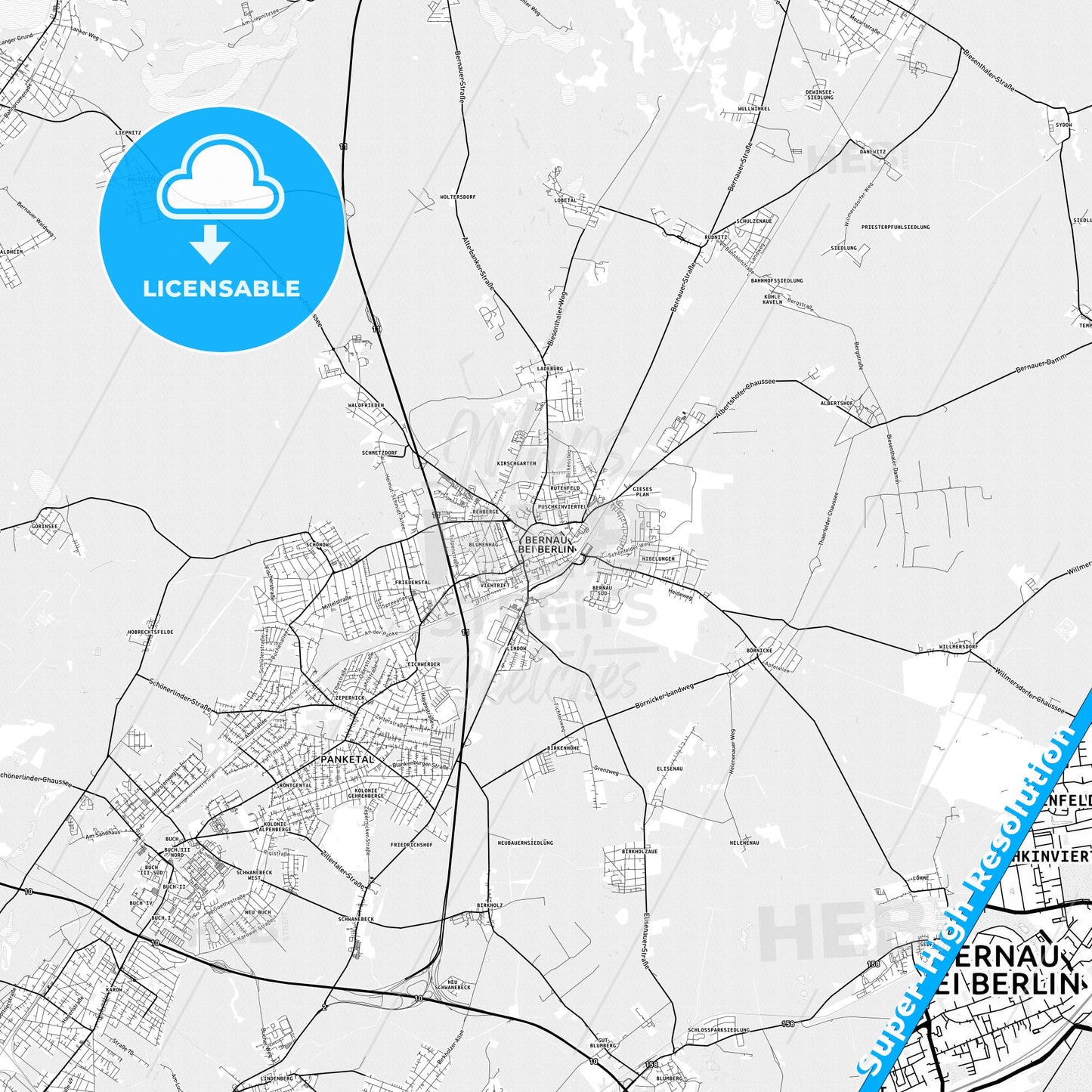 Bernau bei Berlin, Germany light map with streetnames, citynames and districts