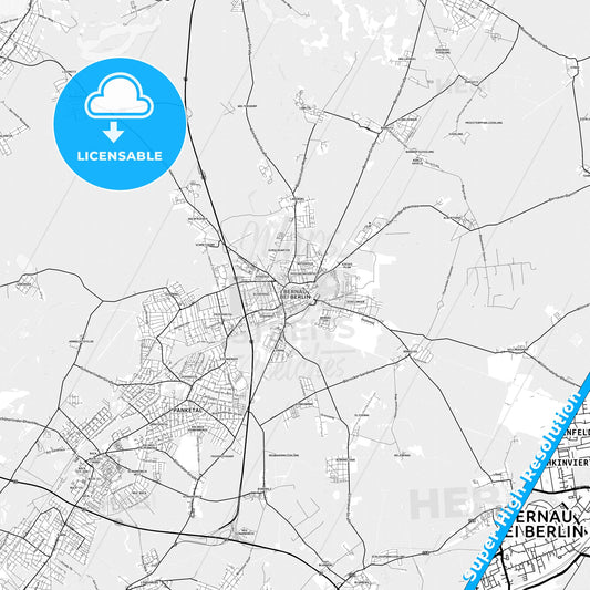 Bernau bei Berlin, Germany light map with streetnames, citynames and districts