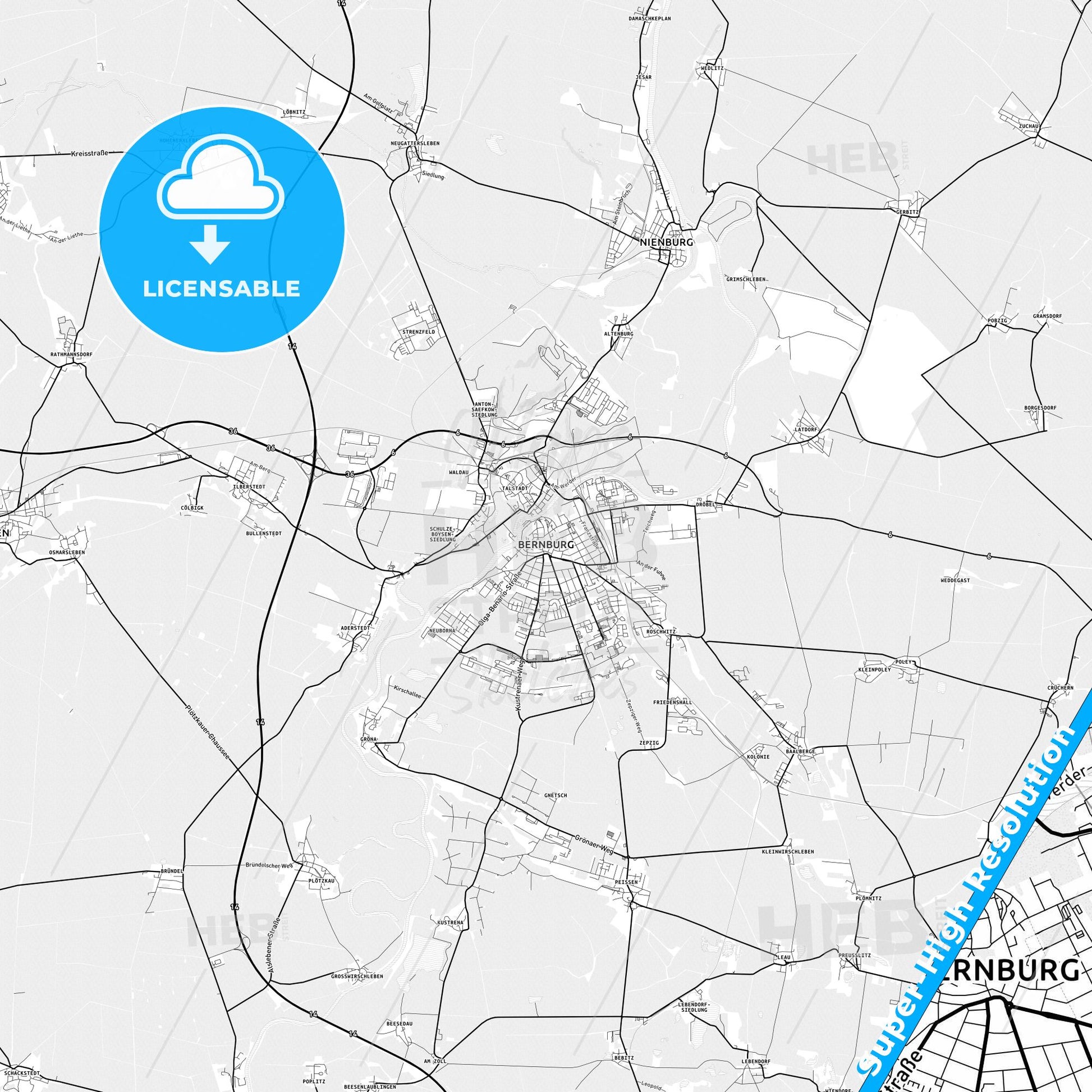 Bernburg (Saale), Germany light map with streetnames, citynames and districts