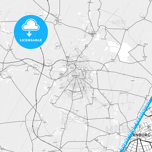 Bernburg (Saale), Germany light map with streetnames, citynames and districts