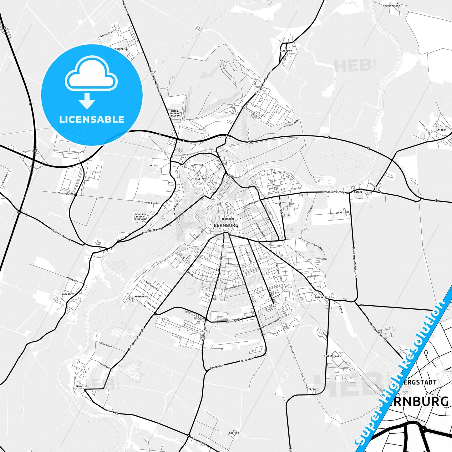 Bernburg (Saale), Germany Light Map with Street Names, City Names, and Districts