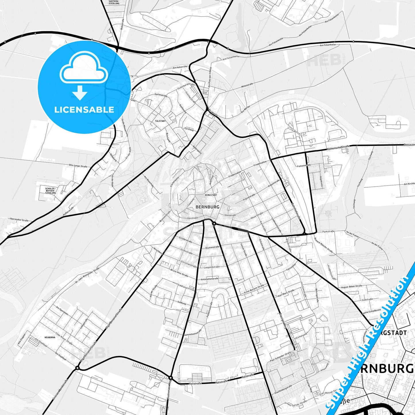 Bernburg (Saale), Germany Light Map with Street Names, City Names, and Districts