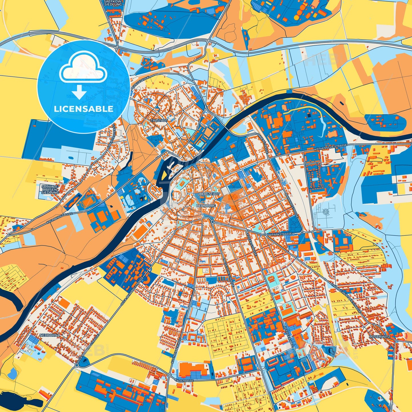Colorful Bernburg (Saale) Street Map with Labels and Buildings