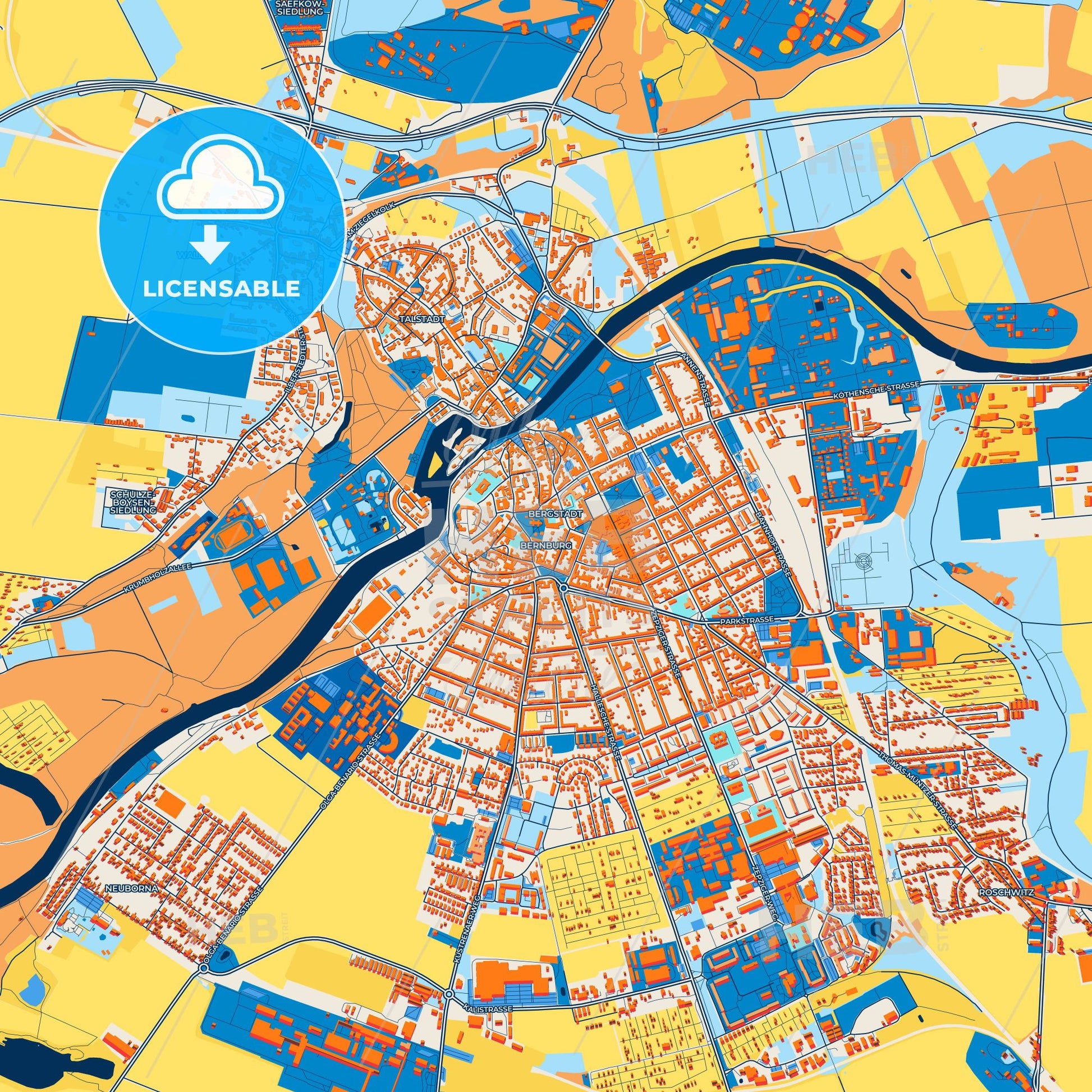 Colorful Bernburg (Saale) Street Map with Labels and Buildings