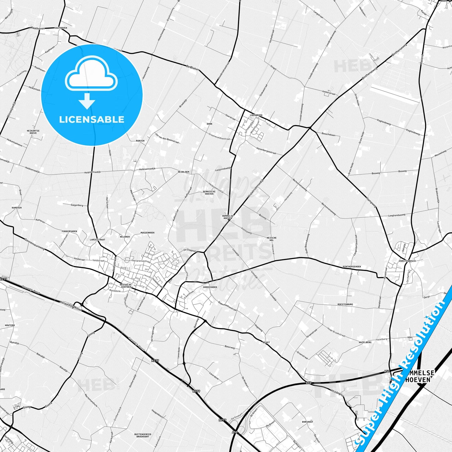 Bernheze, Netherlands Light Map with Street Names, City Names, and Districts