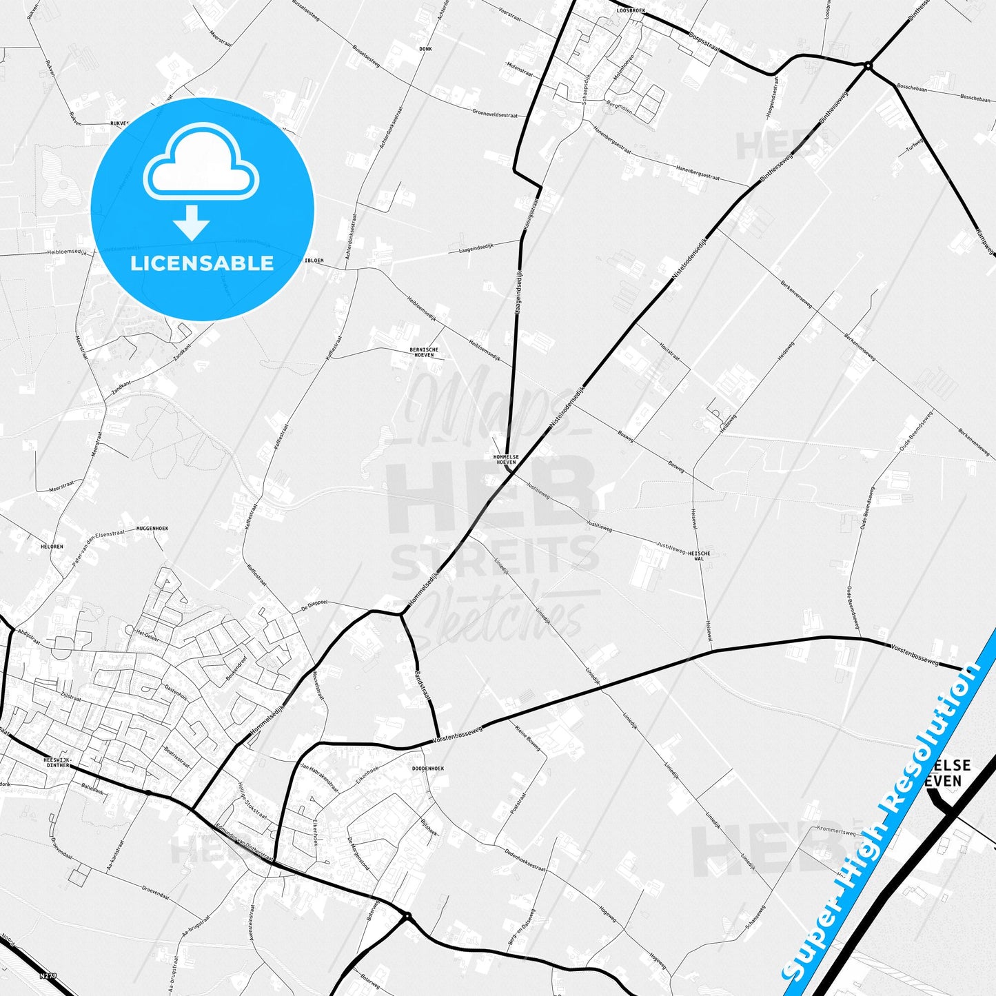 Bernheze, Netherlands Light Map with Street Names, City Names, and Districts