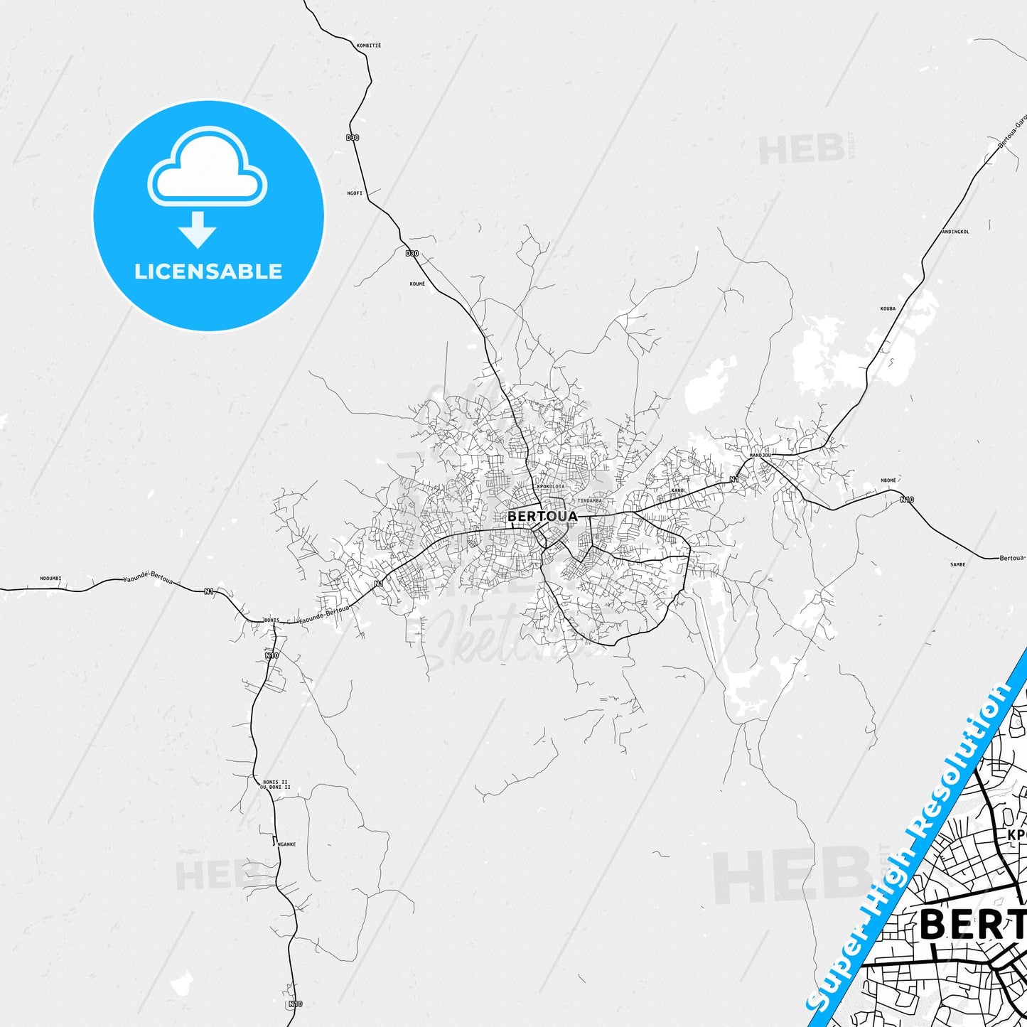 Bertoua, Cameroon light map with streetnames, citynames and districts