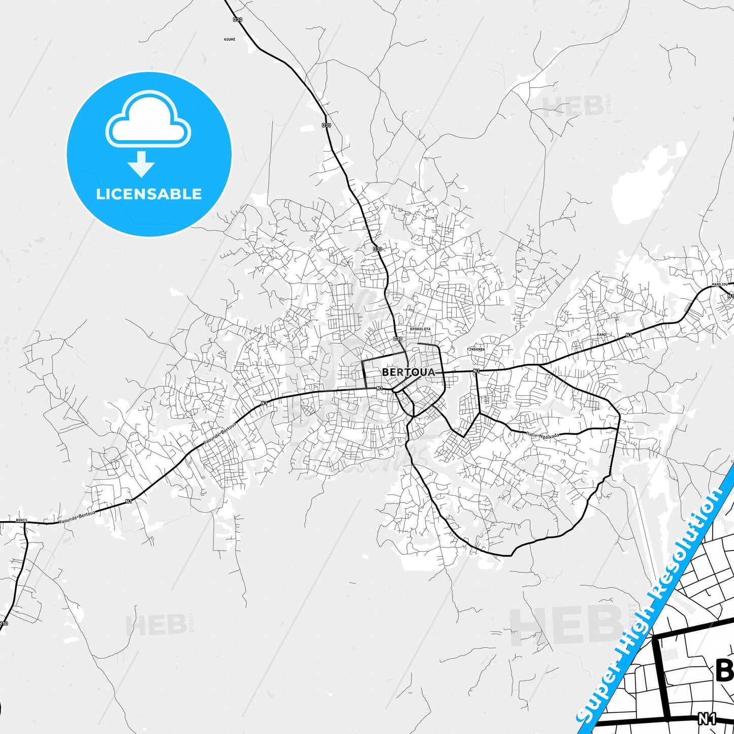 Bertoua, Cameroon Light Map with Street Names, City Names, and Districts