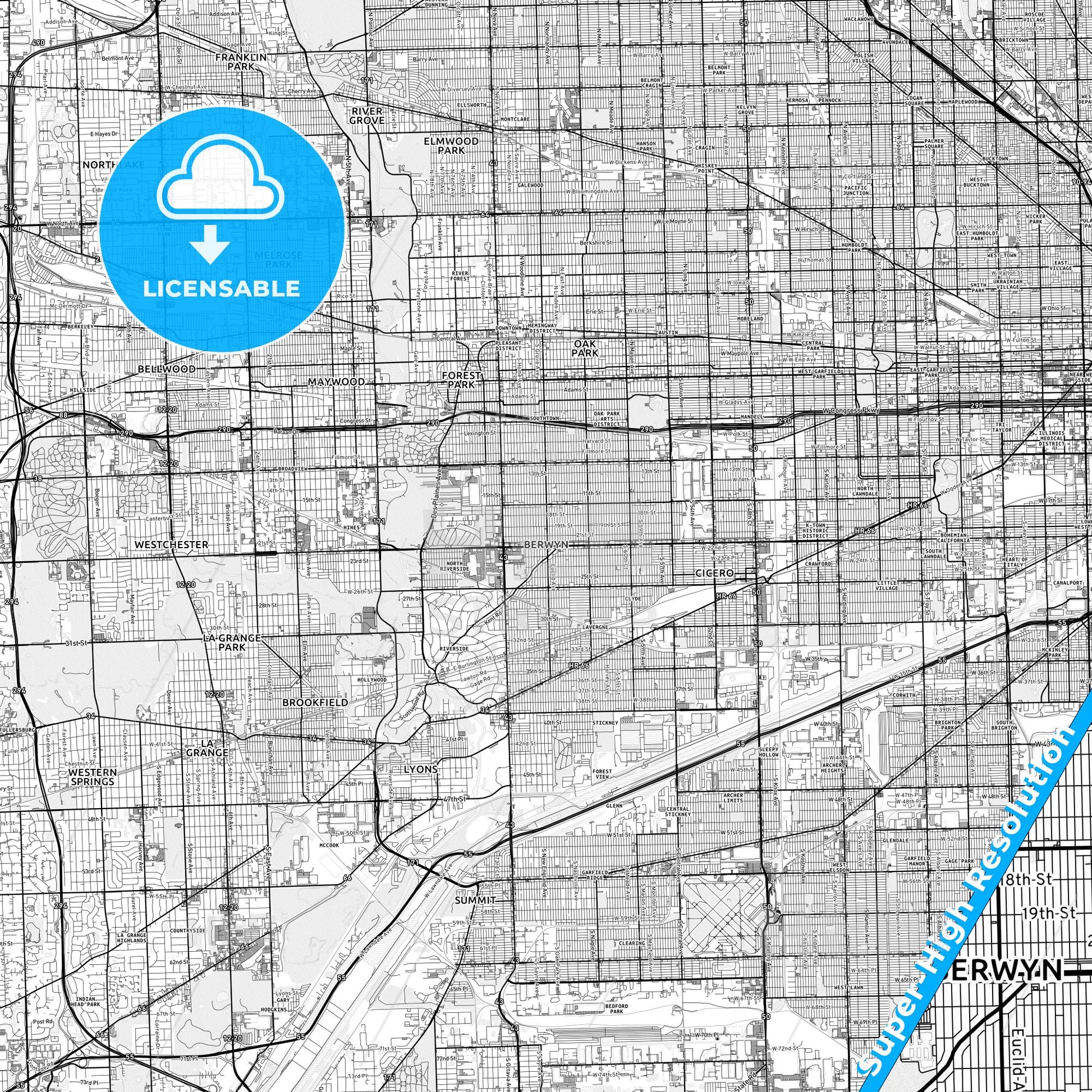 Berwyn, Illinois light map with streetnames, citynames and districts