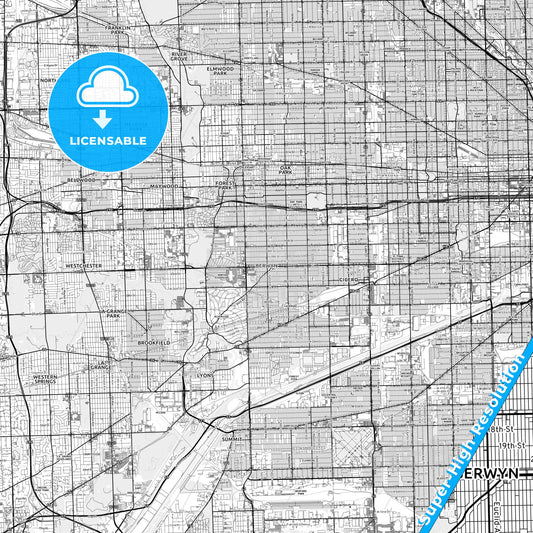 Berwyn, Illinois light map with streetnames, citynames and districts
