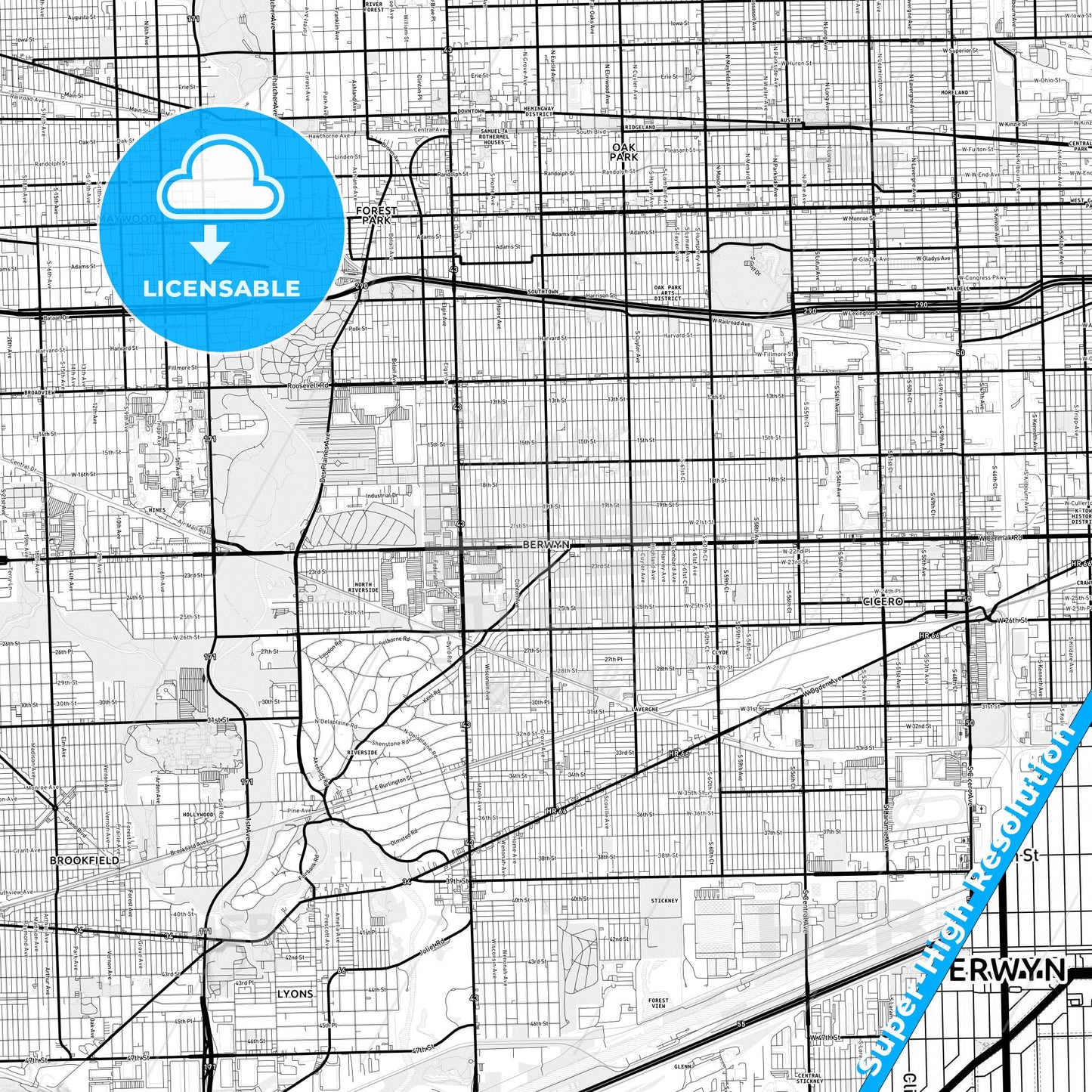Berwyn, Illinois Light Map with Street Names, City Names, and Districts