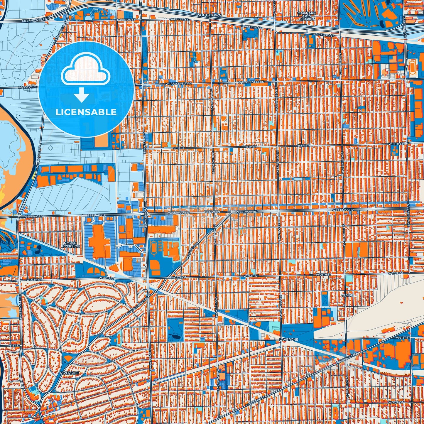 Colorful Berwyn Street Map with Labels and Buildings