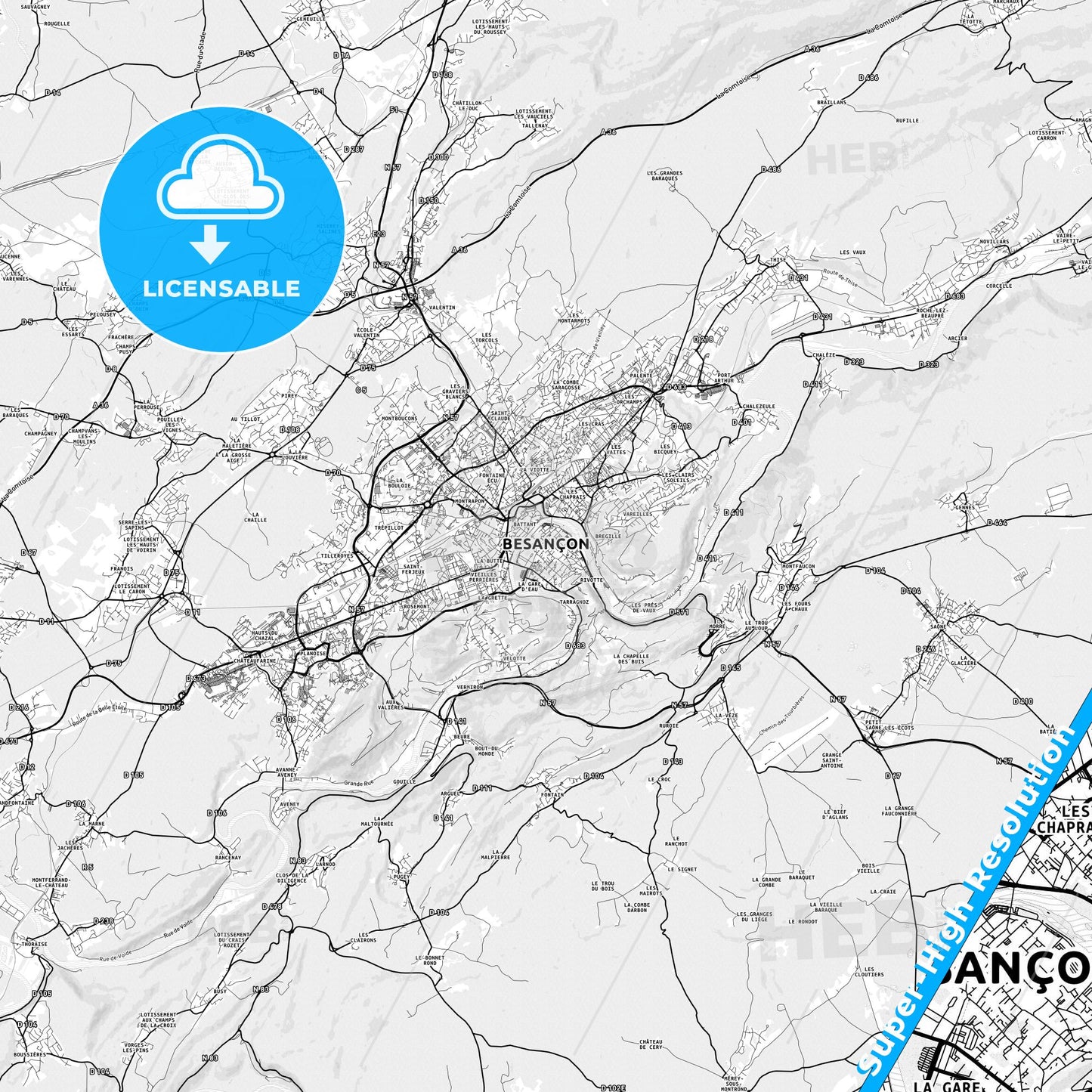 Besançon, France light map with streetnames, citynames and districts