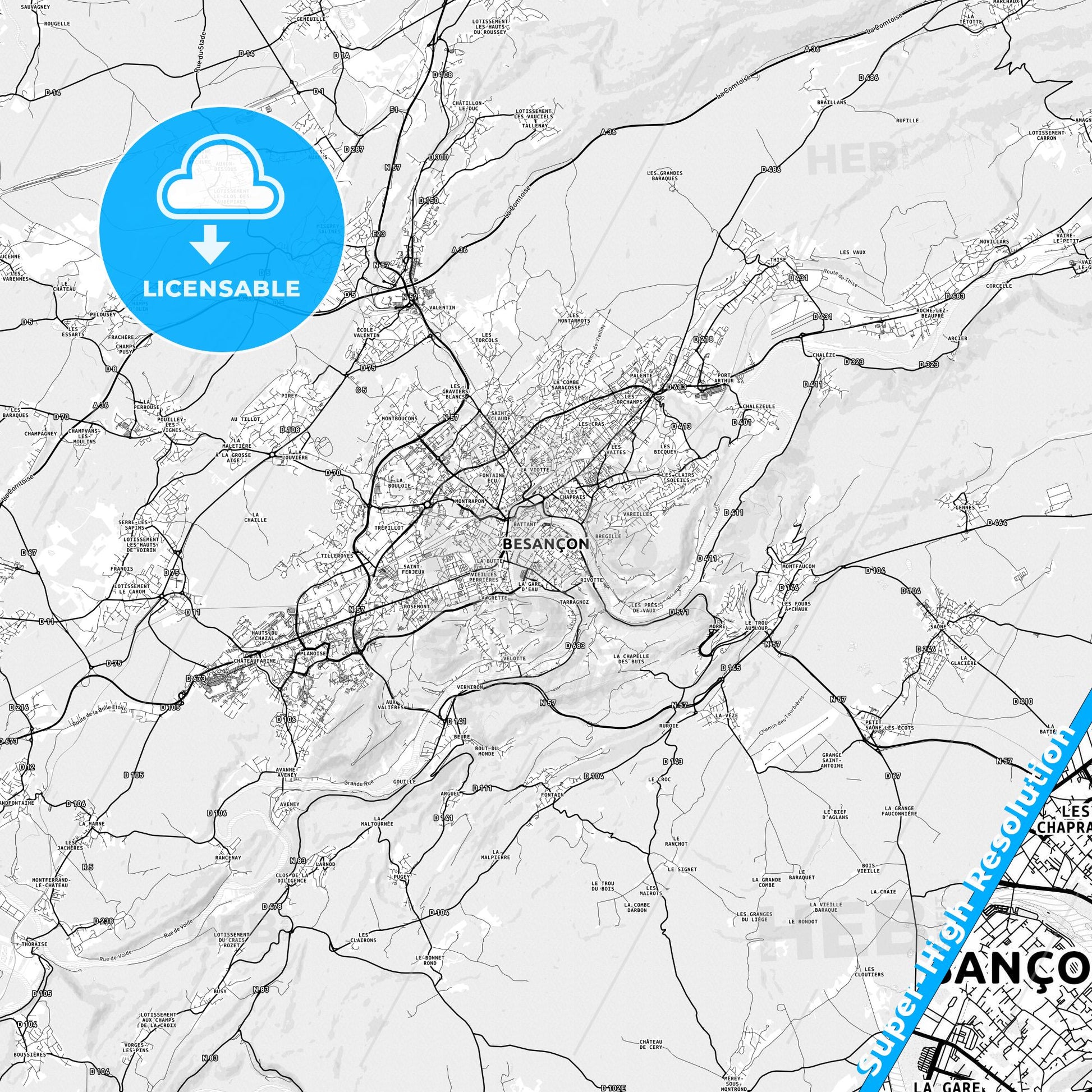 Besançon, France light map with streetnames, citynames and districts