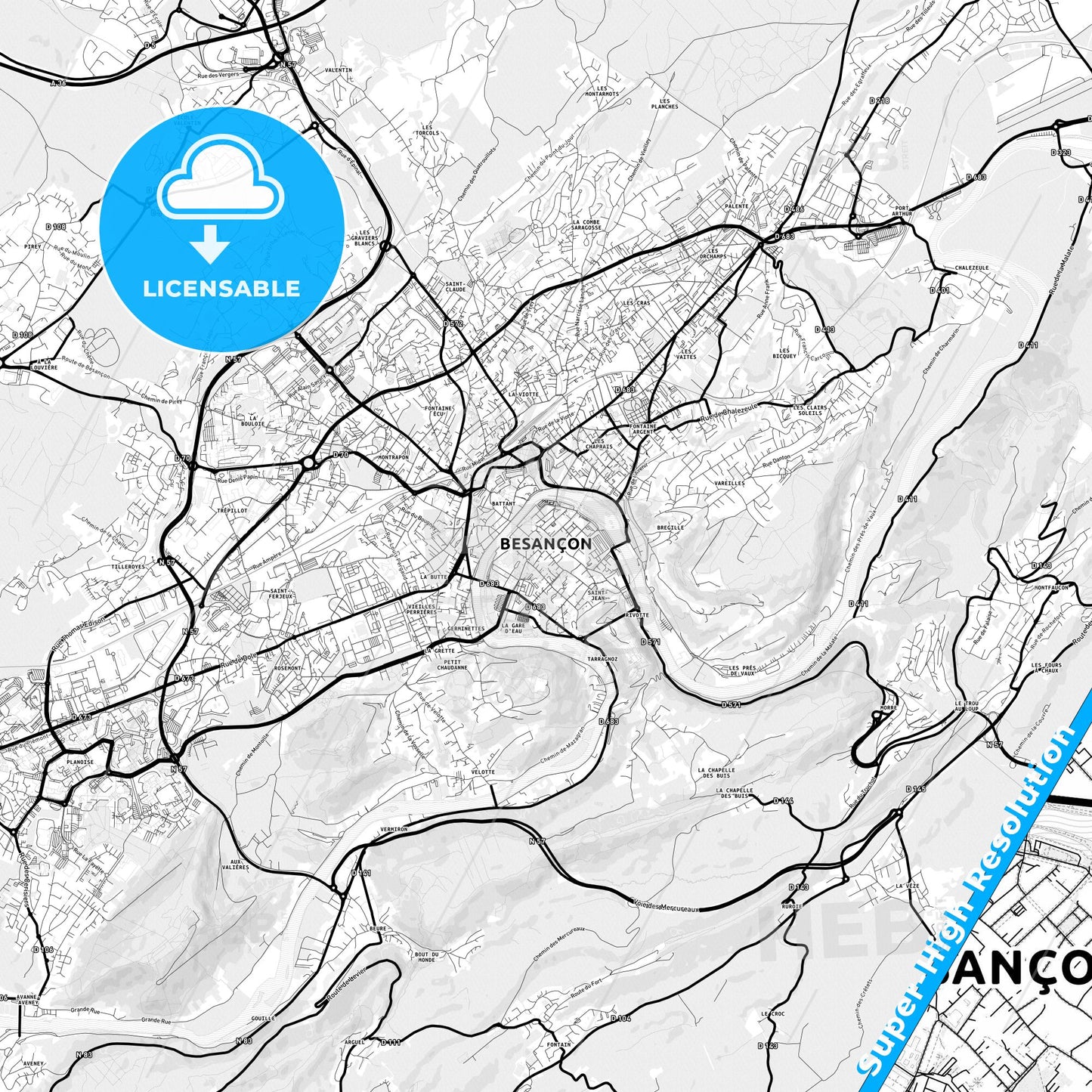Besançon, France Light Map with Street Names, City Names, and Districts