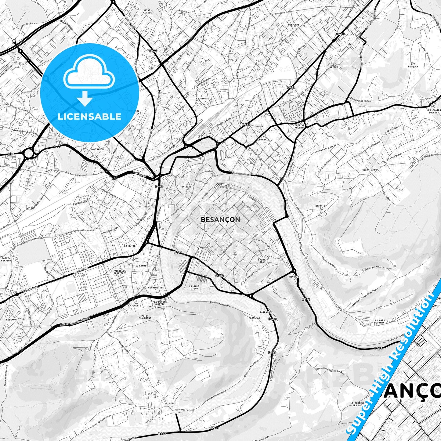 Besançon, France Light Map with Street Names, City Names, and Districts