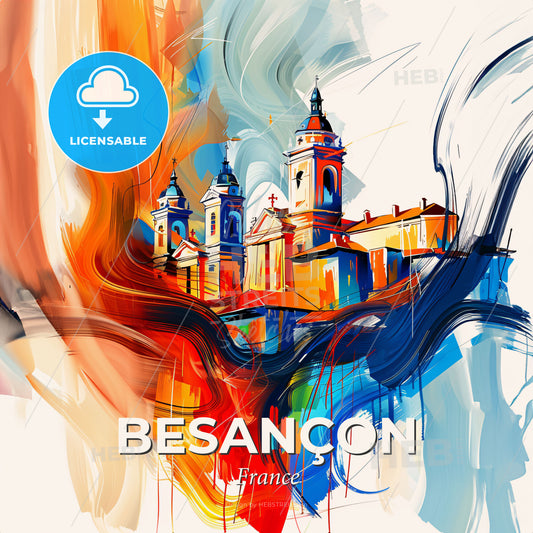 Vibrant Besançon, France - A Painting Of A Building With Towers And A Colorful Background - Square format print template