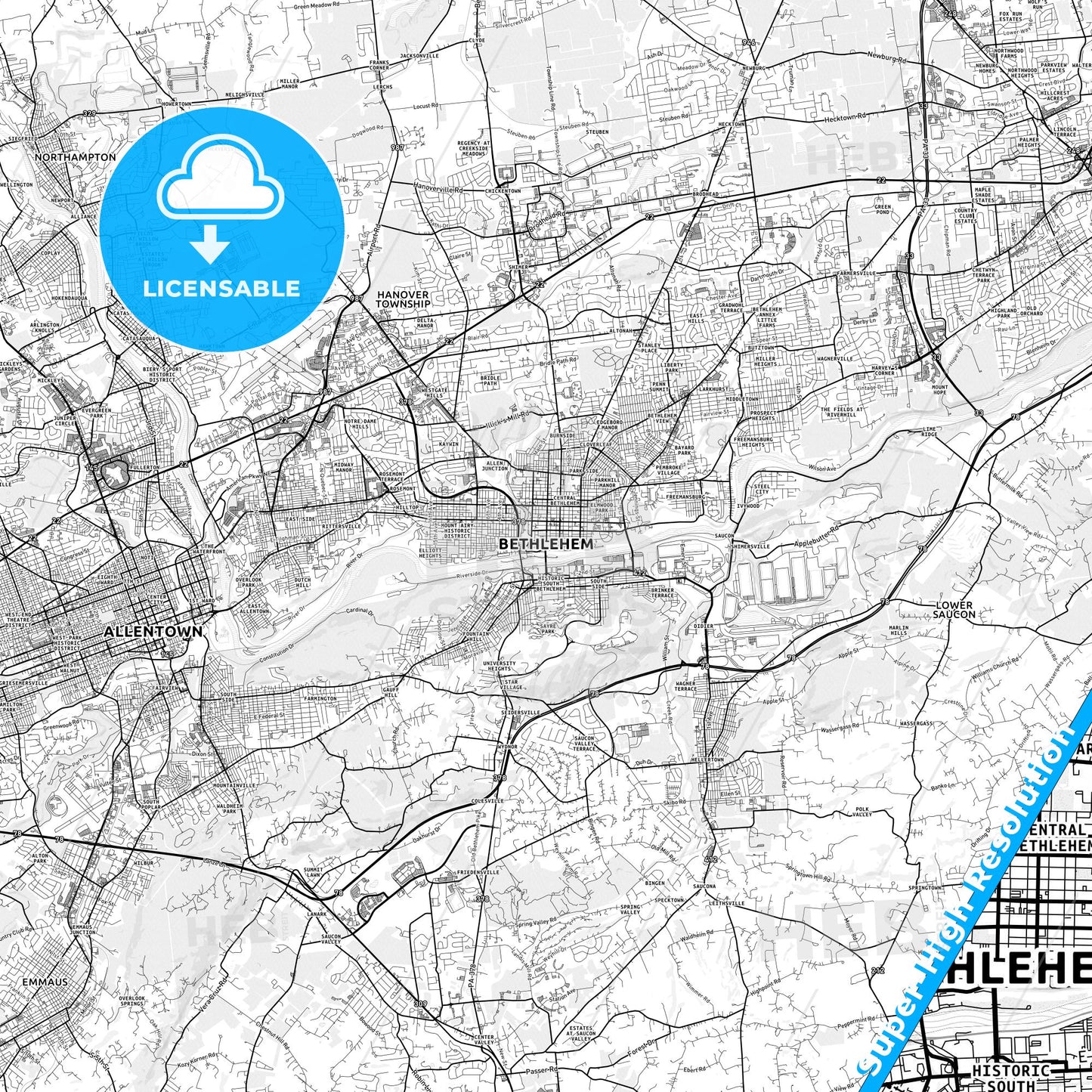 Bethlehem, Pennsylvania light map with streetnames, citynames and districts