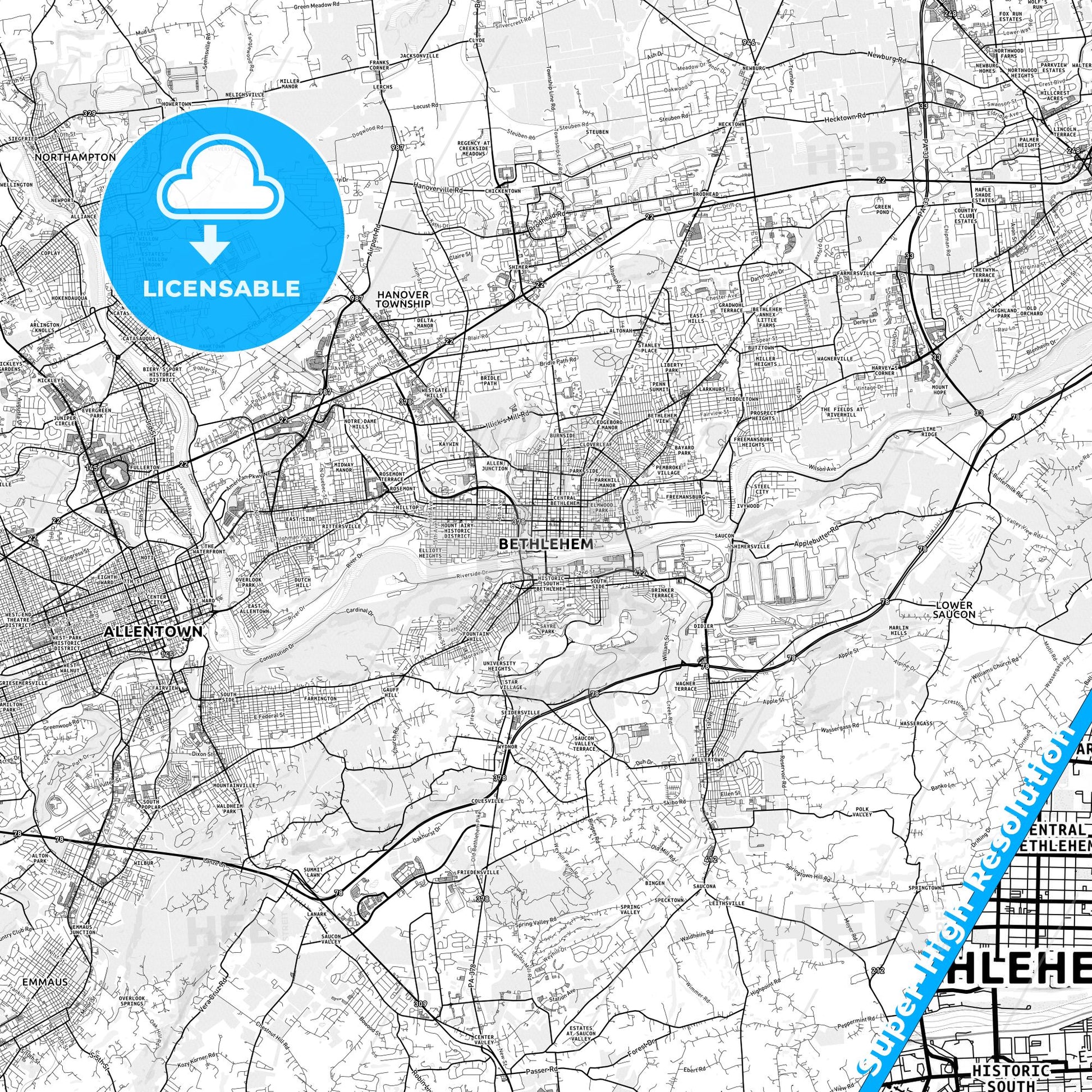 Bethlehem, Pennsylvania light map with streetnames, citynames and districts
