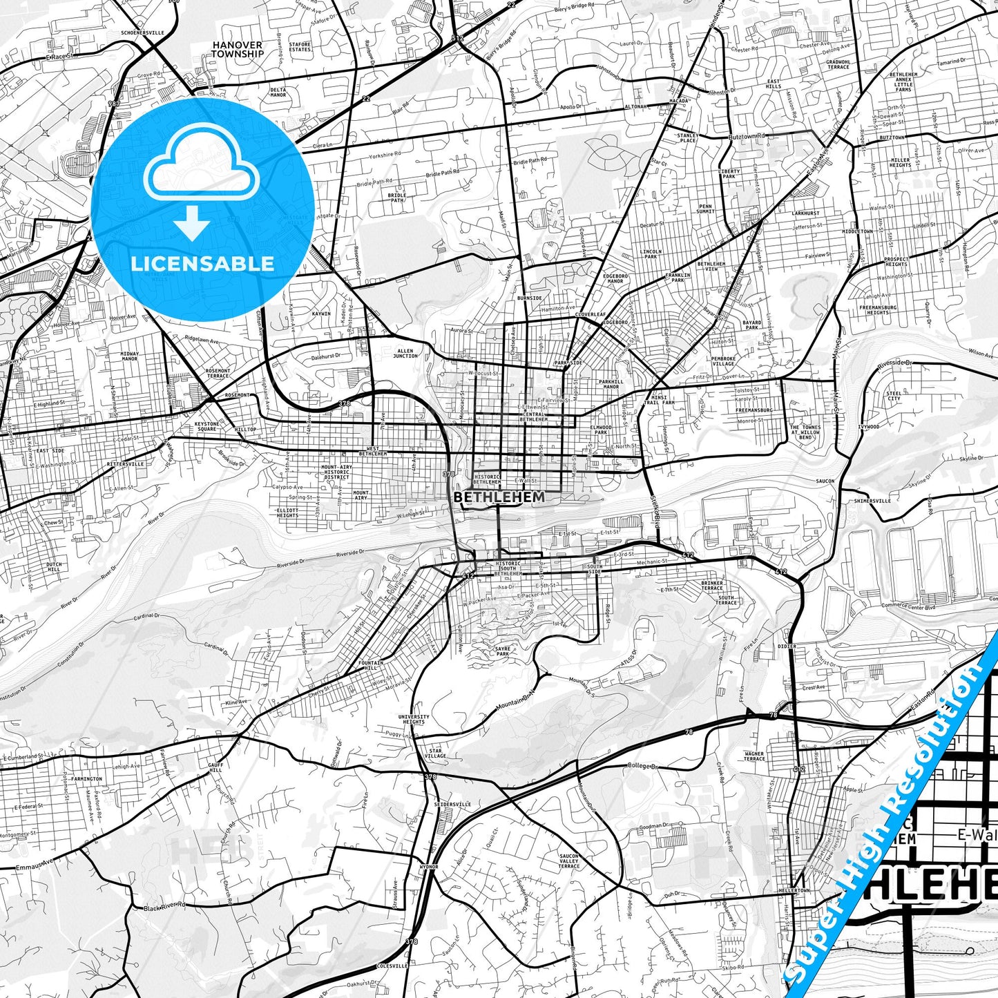 Bethlehem, Pennsylvania Light Map with Street Names, City Names, and Districts