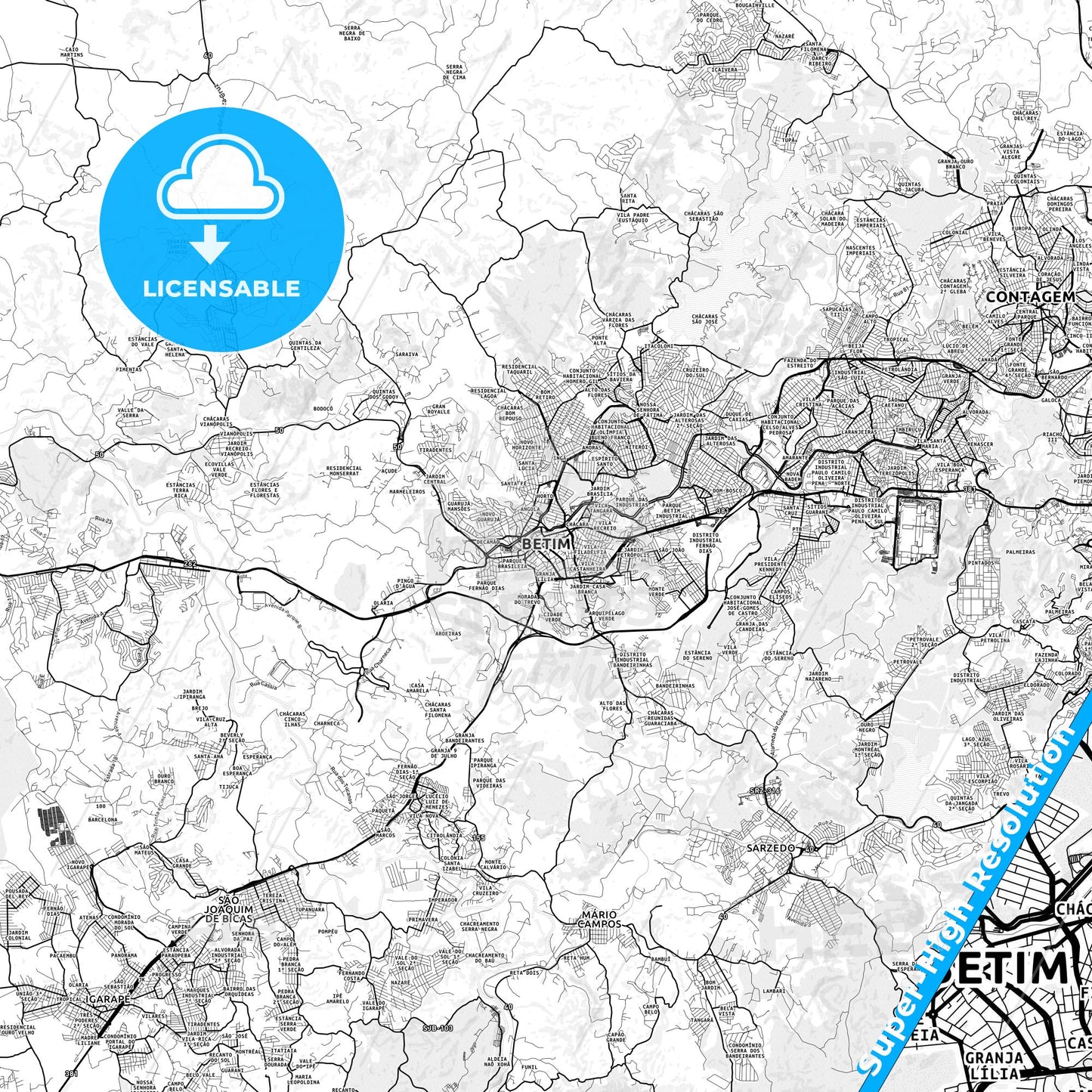 Betim, Brazil light map with streetnames, citynames and districts