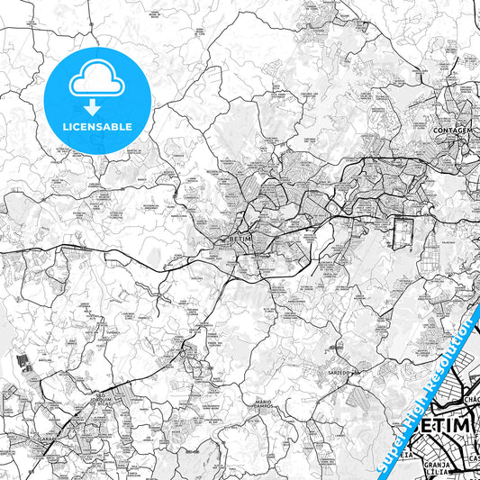 Betim, Brazil light map with streetnames, citynames and districts