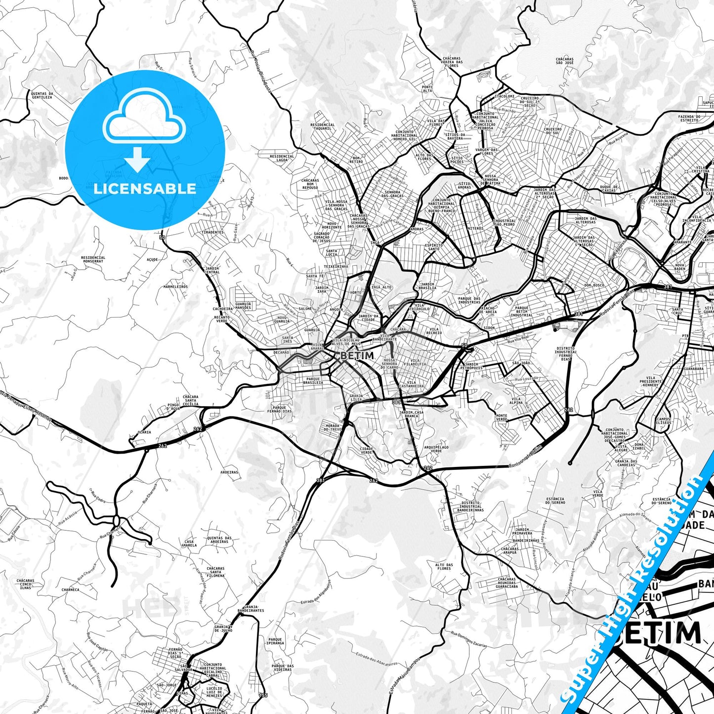 Betim, Brazil Light Map with Street Names, City Names, and Districts