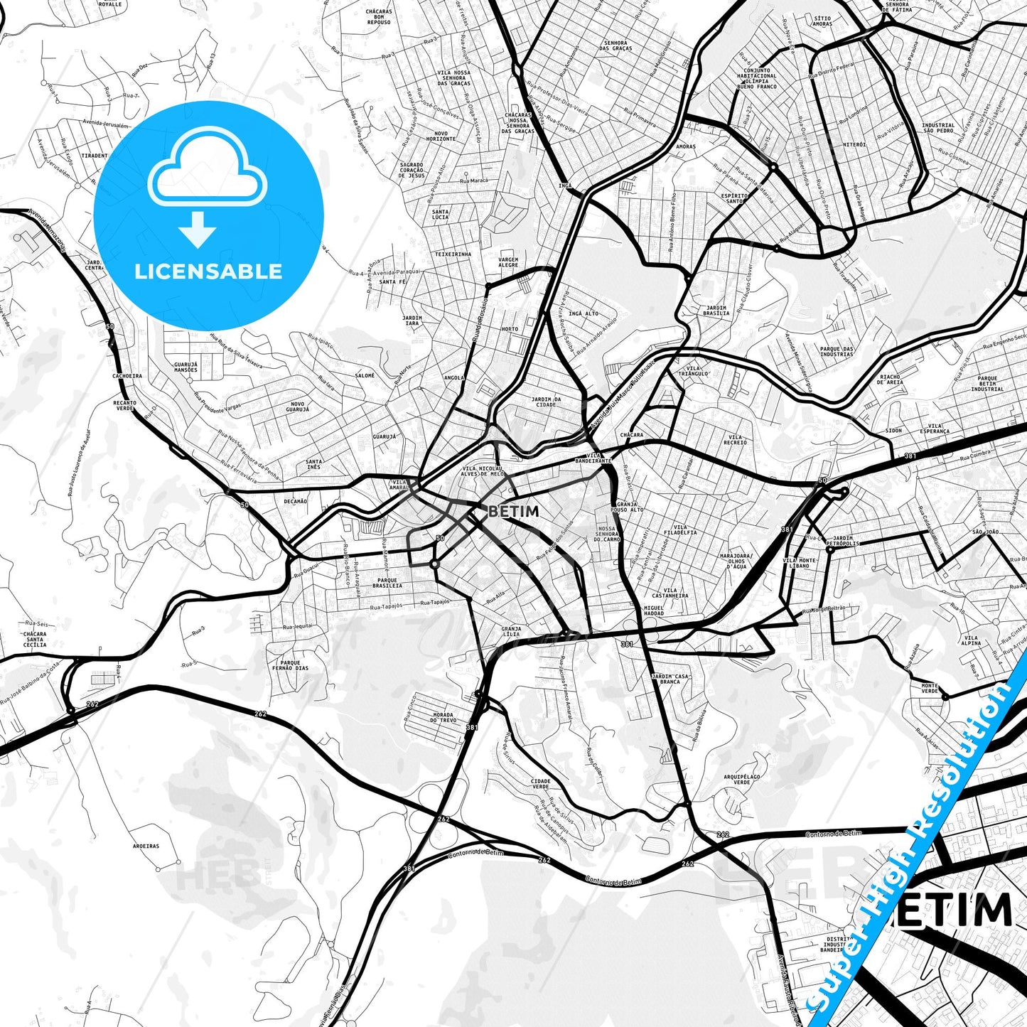 Betim, Brazil Light Map with Street Names, City Names, and Districts